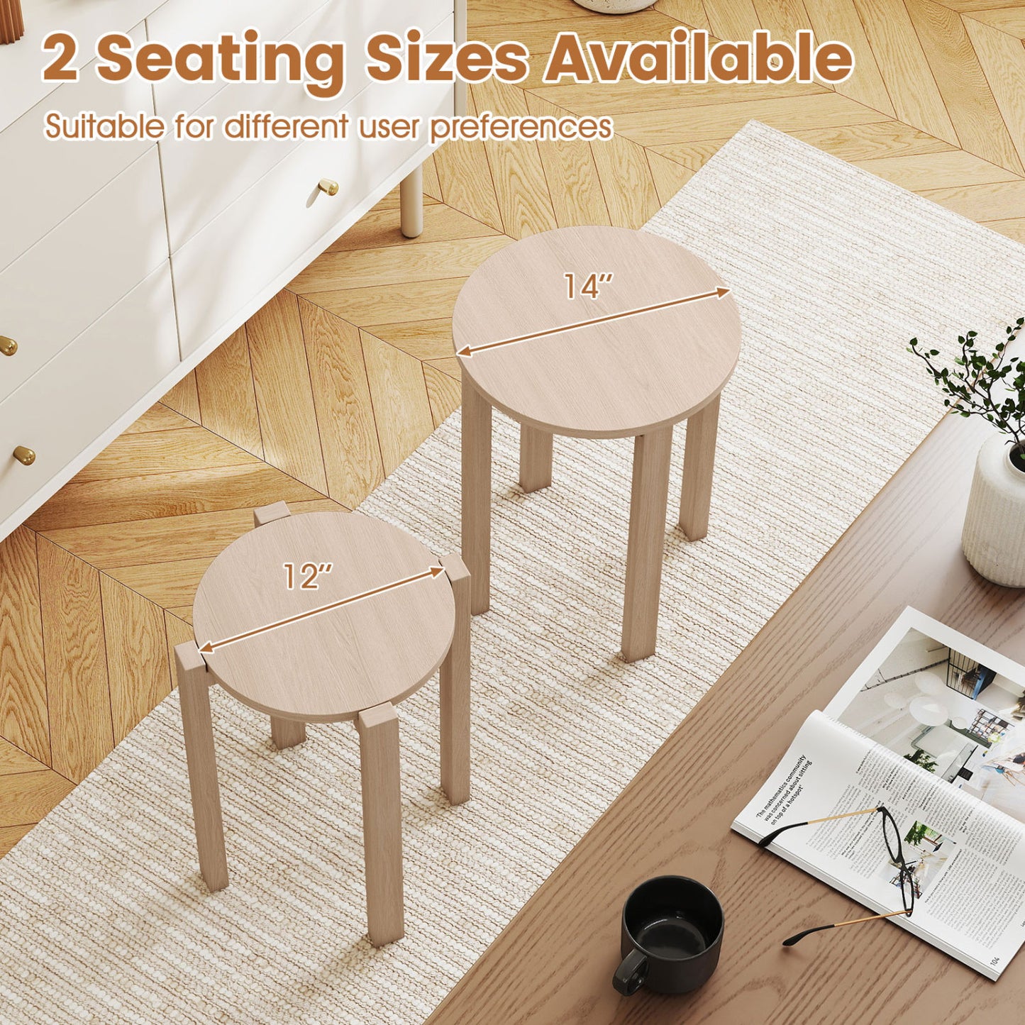 Round Nesting Stools Set with Rolling Base and Locking Casters