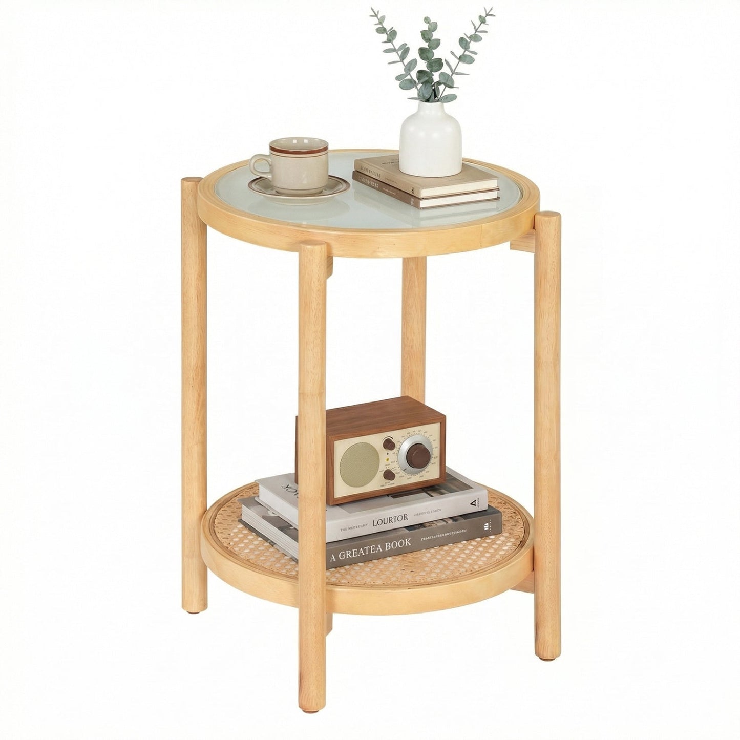Round Side Table 2-Tier Boho End Table with Tempered Glass Top
