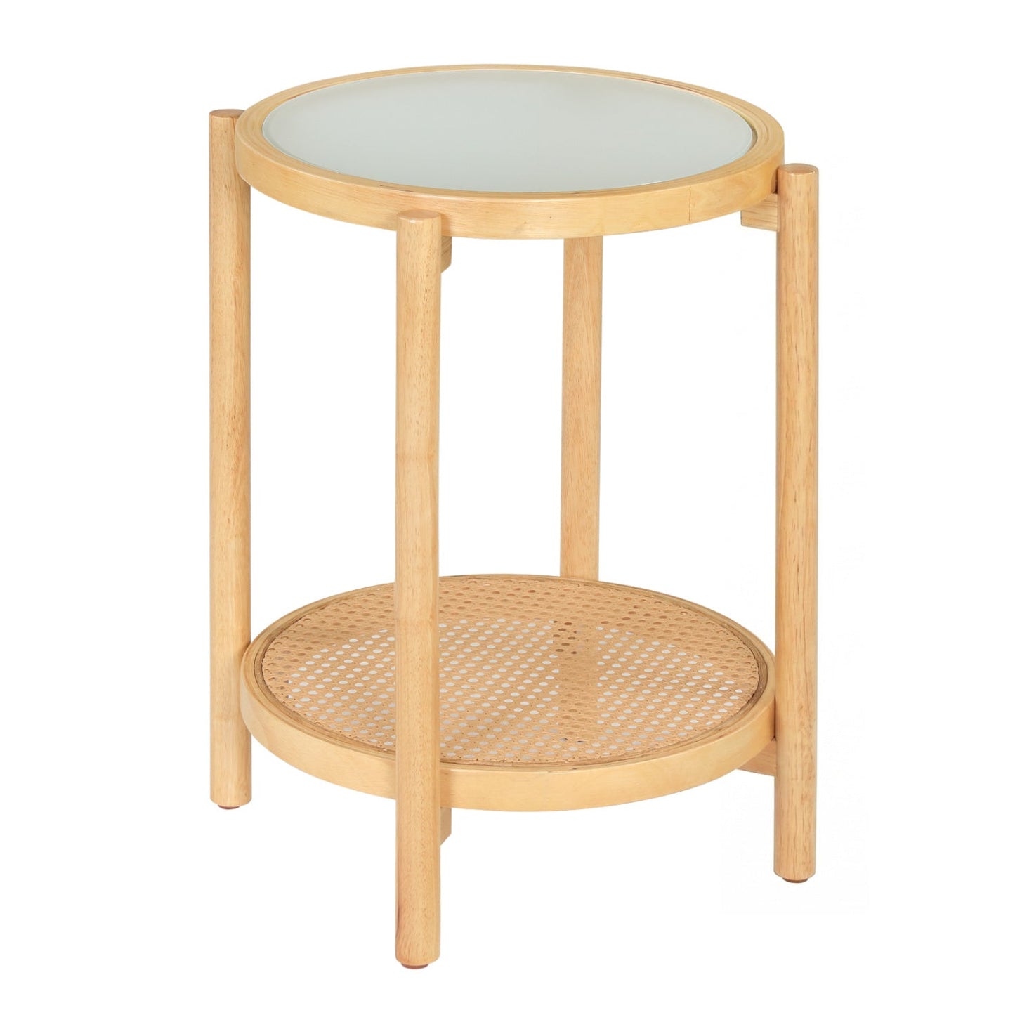Round Side Table 2-Tier Boho End Table with Tempered Glass Top