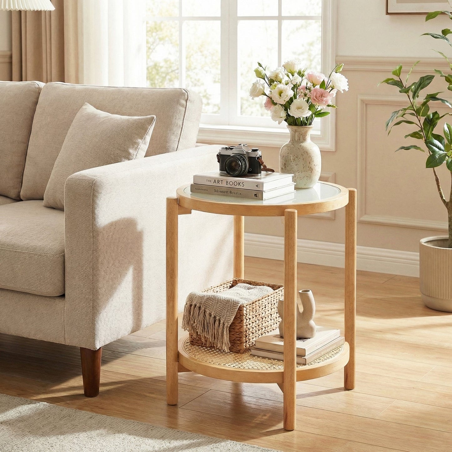 Round Side Table 2-Tier Boho End Table with Tempered Glass Top