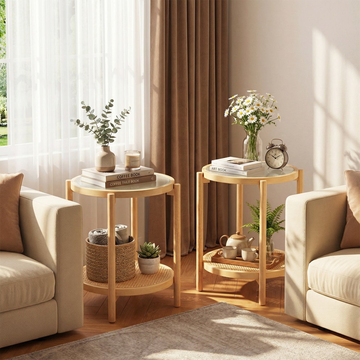 Round Side Table 2-Tier Boho End Table with Tempered Glass Top