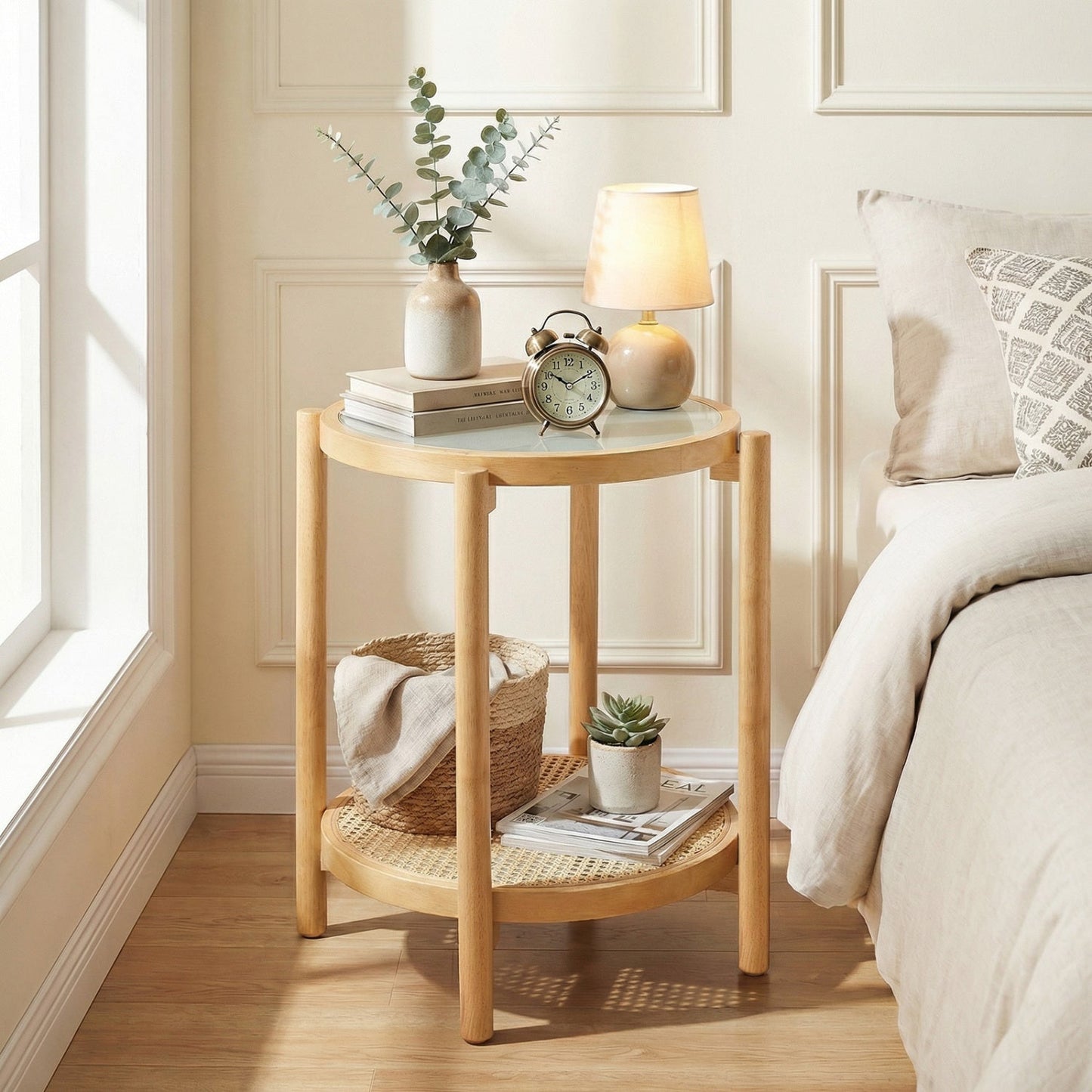 Round Side Table 2-Tier Boho End Table with Tempered Glass Top