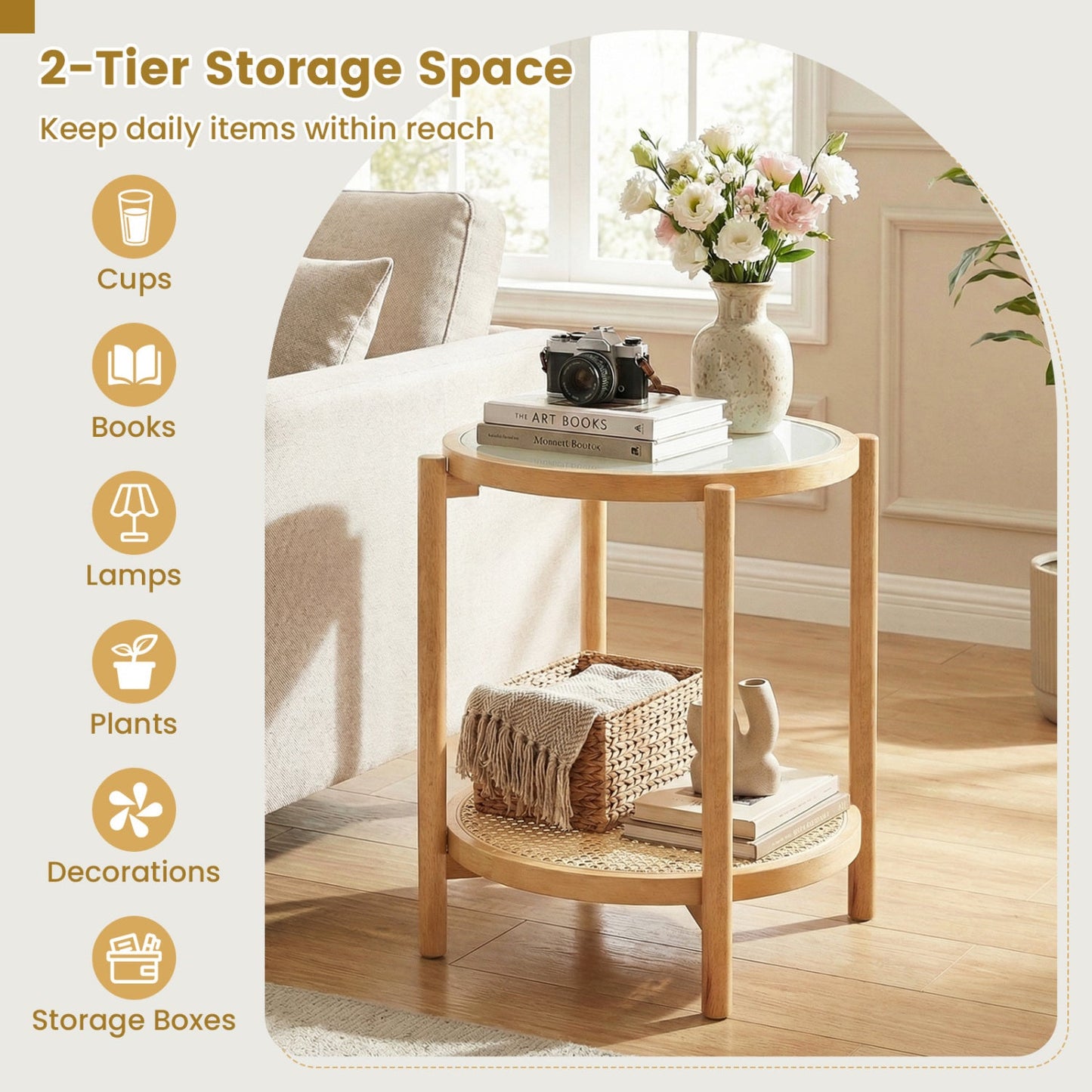 Round Side Table 2-Tier Boho End Table with Tempered Glass Top