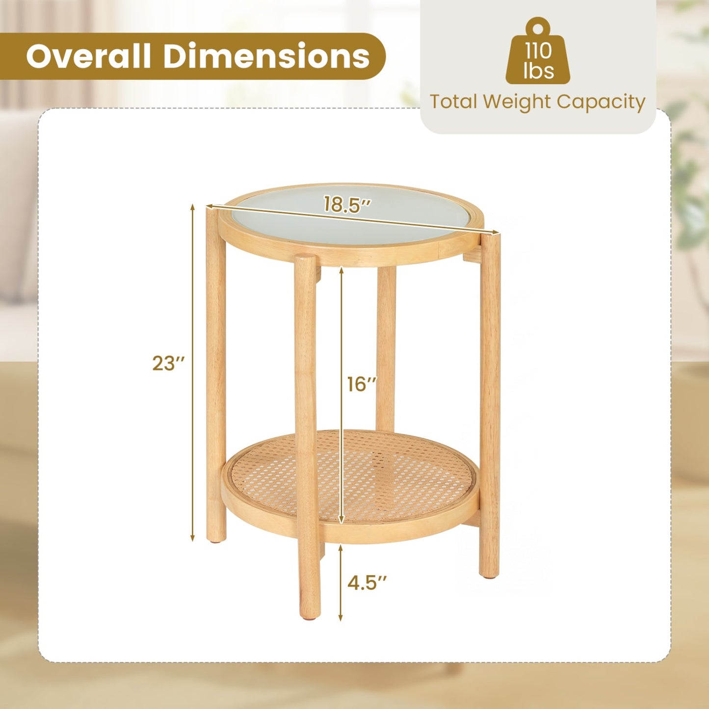 Round Side Table 2-Tier Boho End Table with Tempered Glass Top
