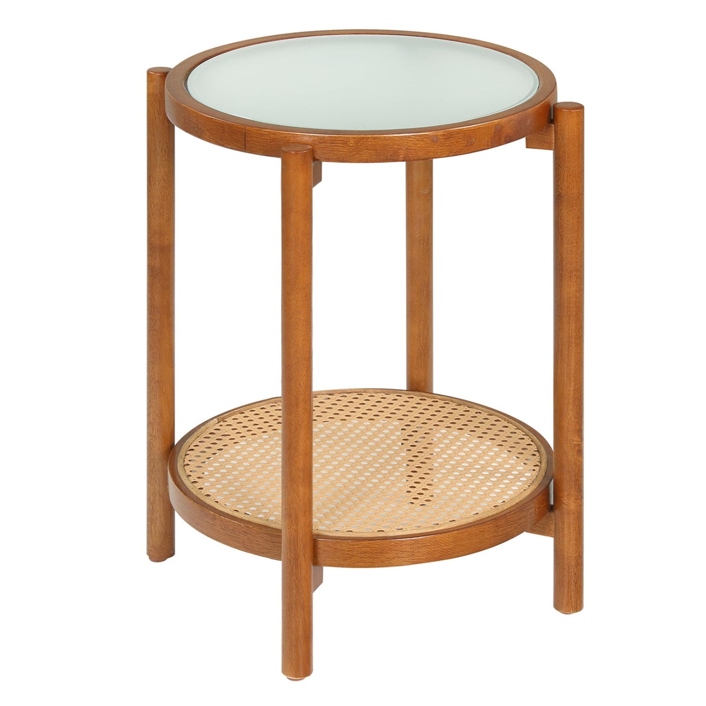 Round Side Table 2-Tier Boho End Table with Tempered Glass Top