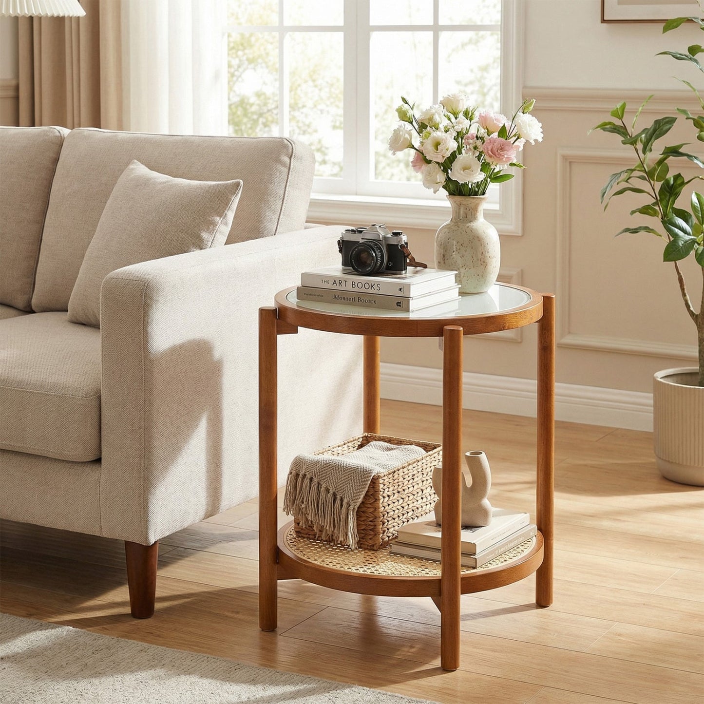 Round Side Table 2-Tier Boho End Table with Tempered Glass Top