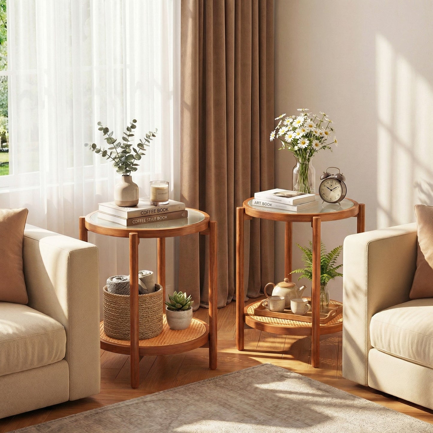 Round Side Table 2-Tier Boho End Table with Tempered Glass Top