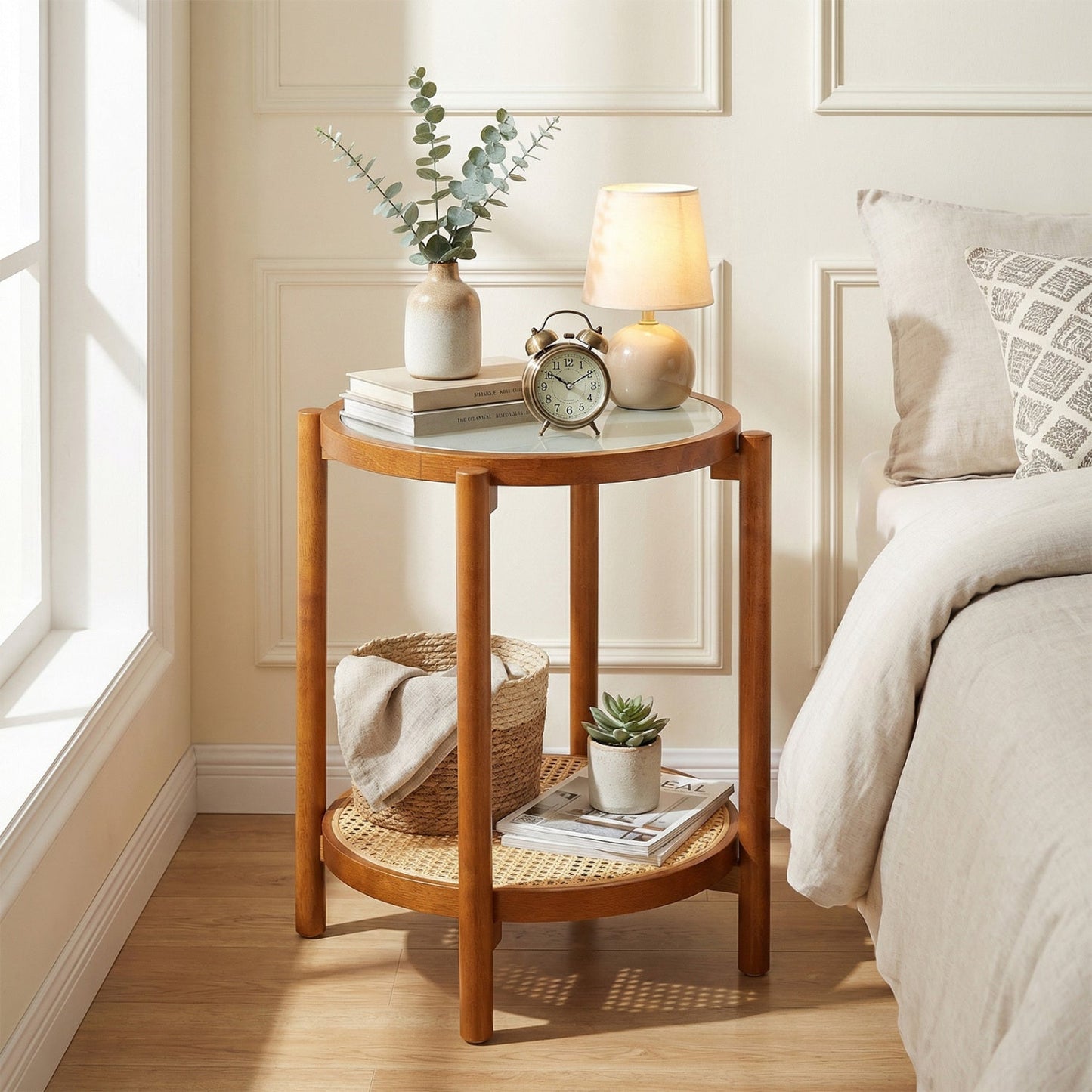 Round Side Table 2-Tier Boho End Table with Tempered Glass Top