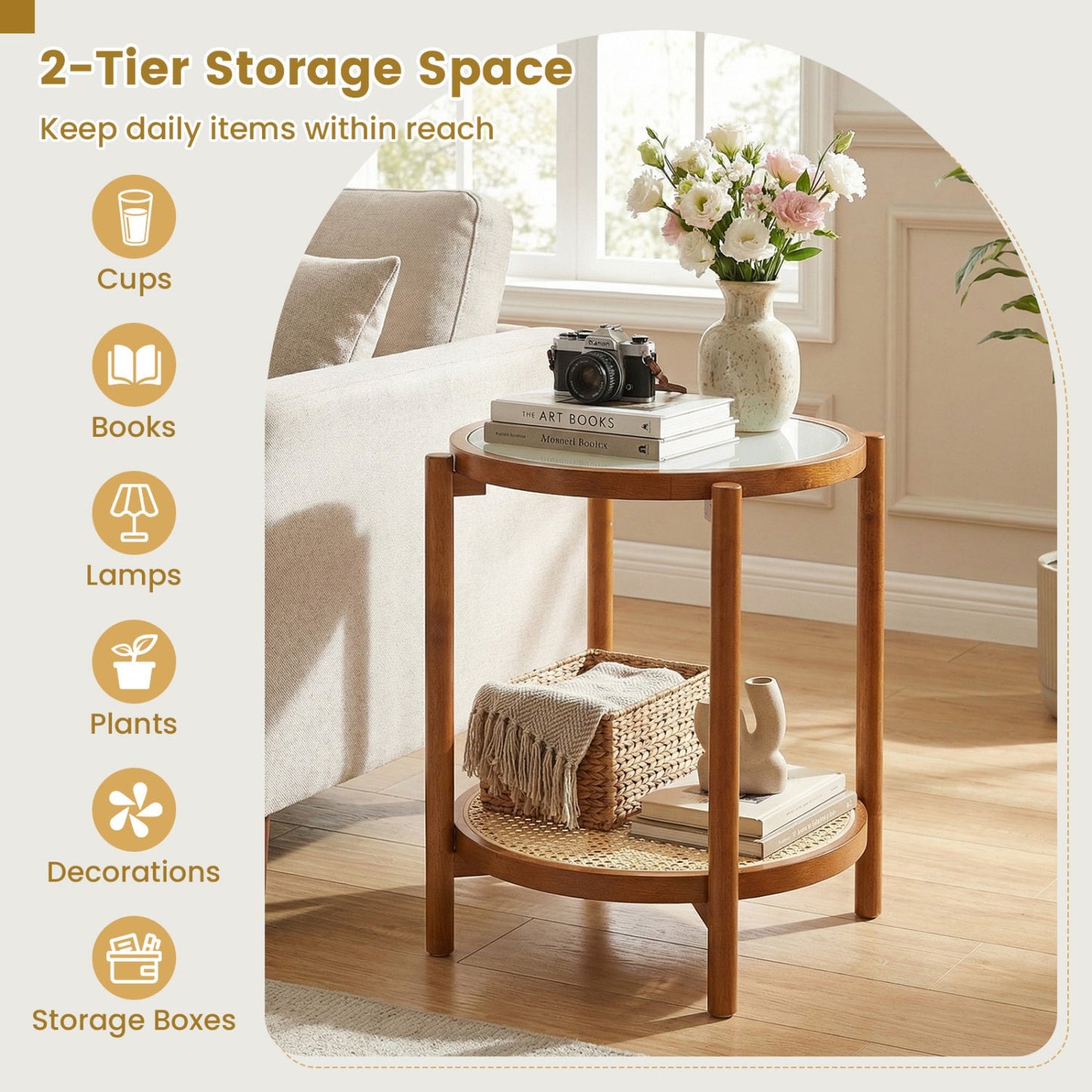 Round Side Table 2-Tier Boho End Table with Tempered Glass Top