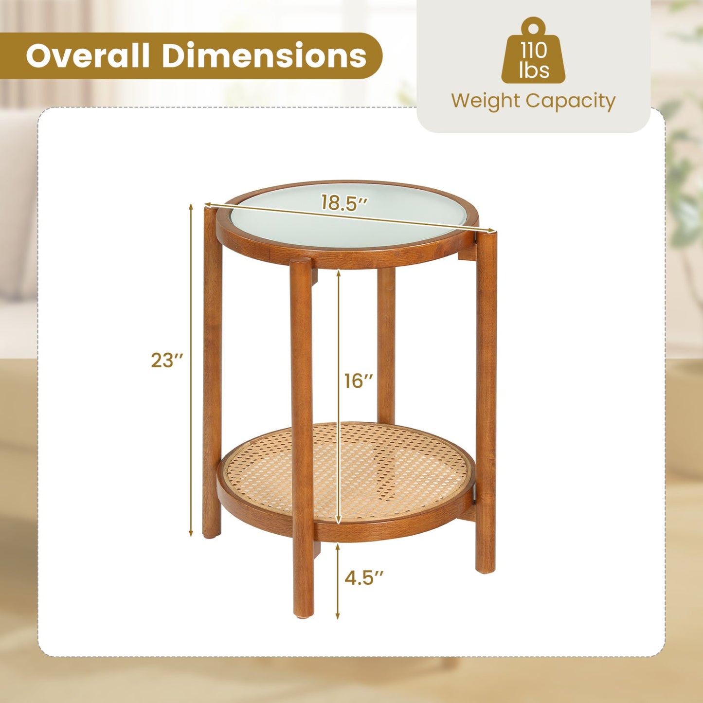 Round Side Table 2-Tier Boho End Table with Tempered Glass Top