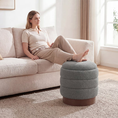 Round Storage Ottoman with Acacia Wood Frame for Living Room