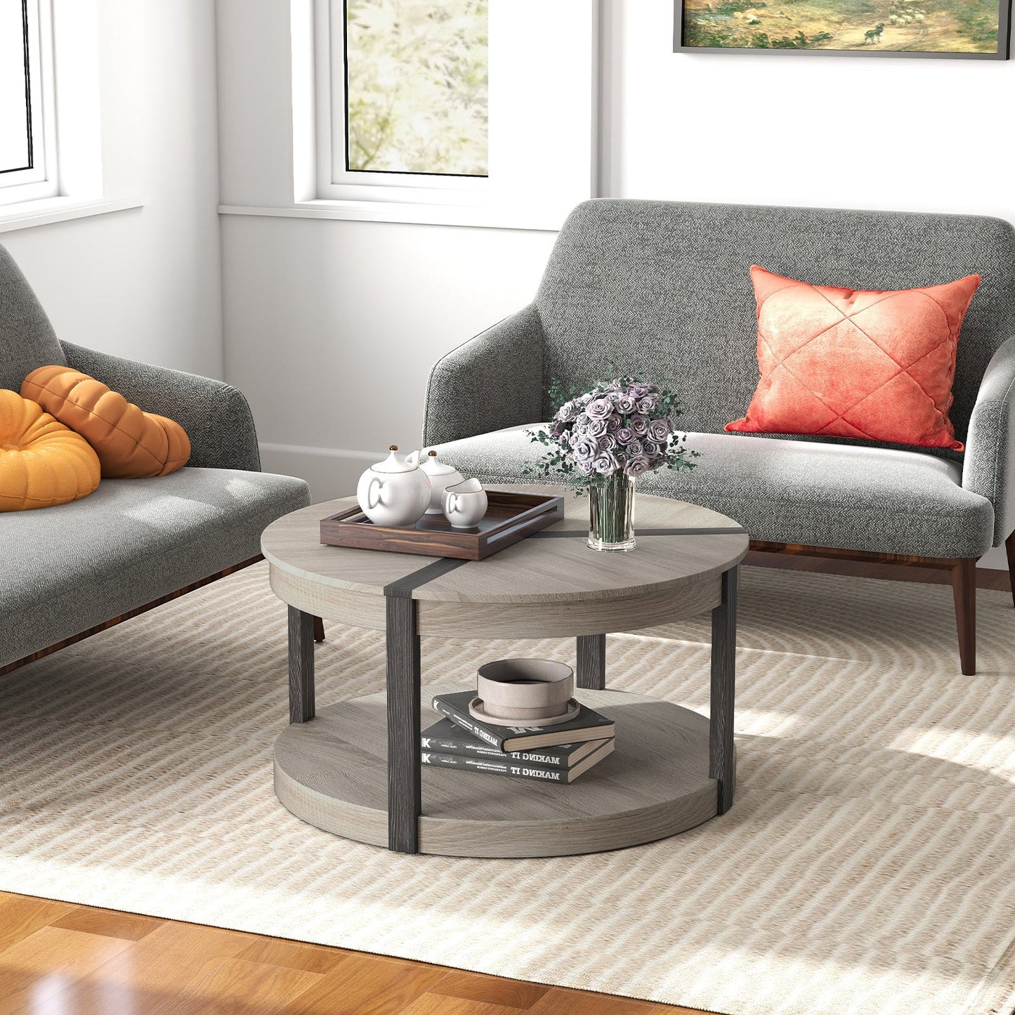 34.5" Rubber Wood 2-Tier Round Center Table with Spacious Tabletop and Storage Shelf-Gray