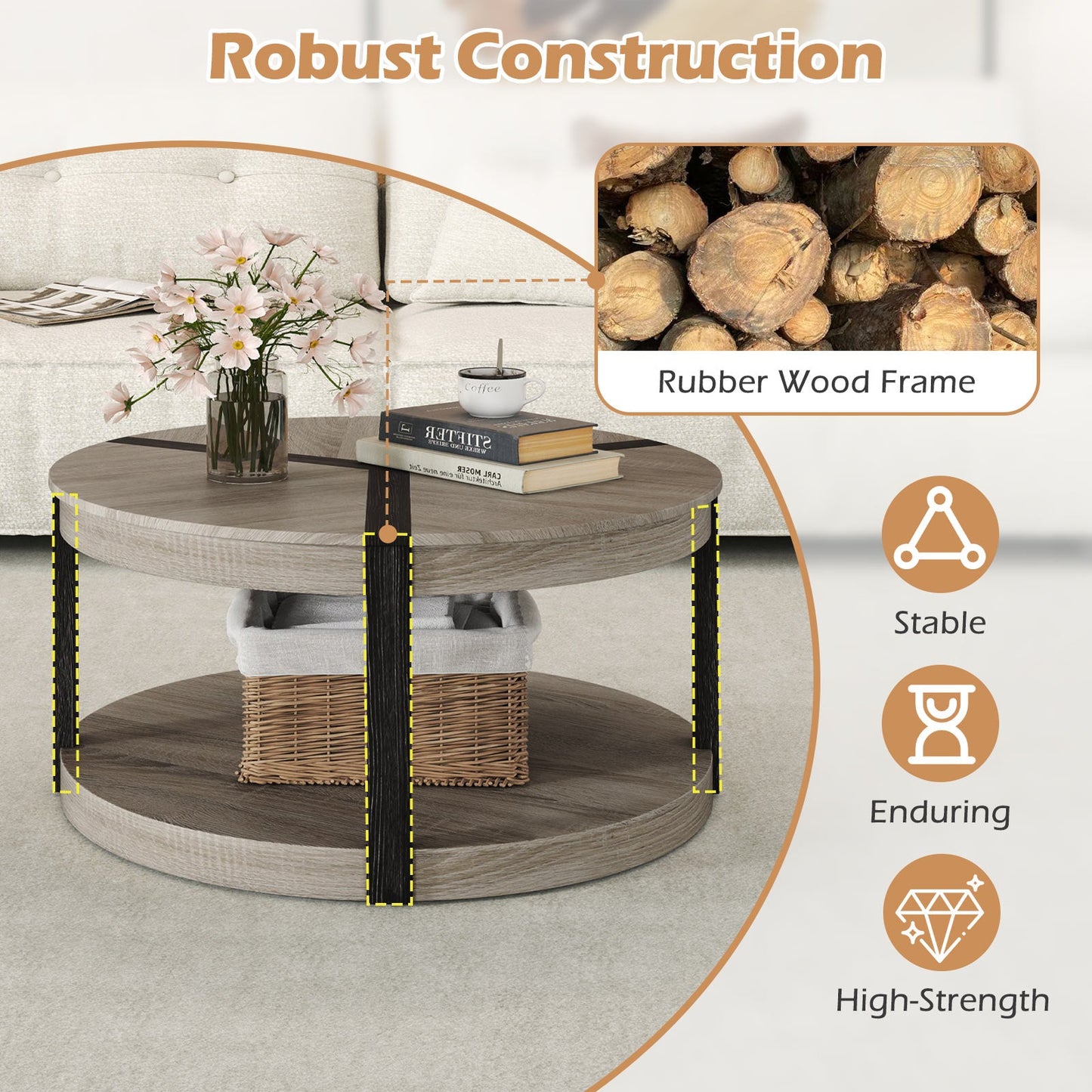 34.5" Rubber Wood 2-Tier Round Center Table with Spacious Tabletop and Storage Shelf-Gray