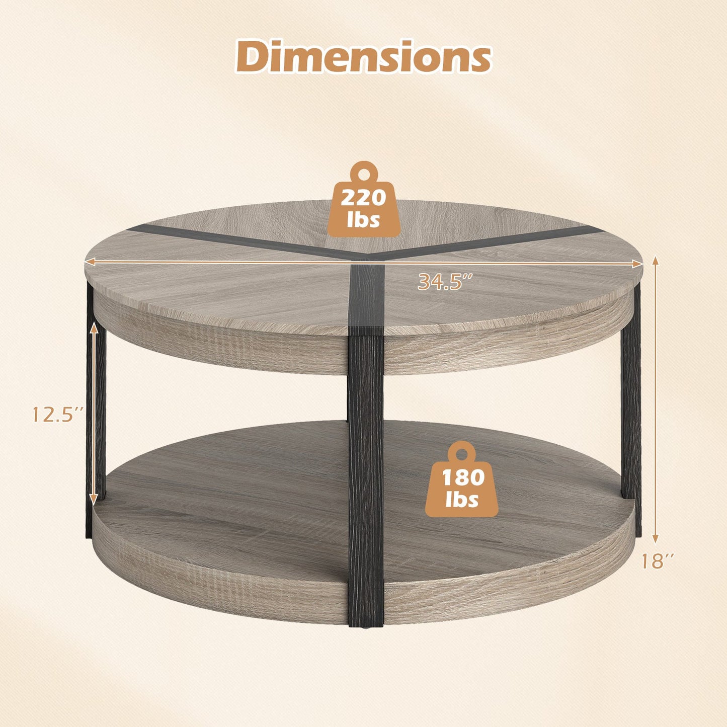 34.5" Rubber Wood 2-Tier Round Center Table with Spacious Tabletop and Storage Shelf-Gray