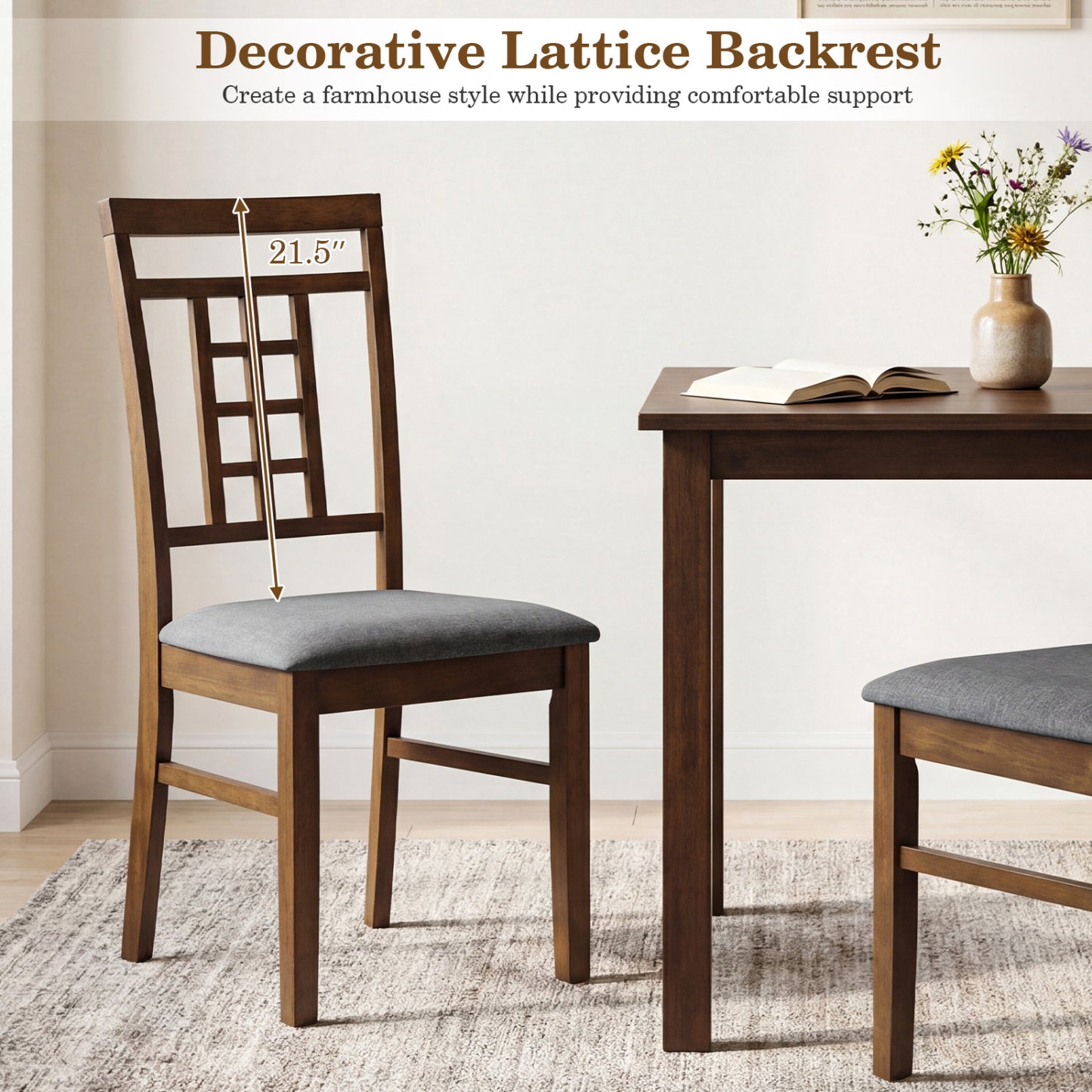 Rubber Wood Dining Chairs Set of 4 with Lattice Back