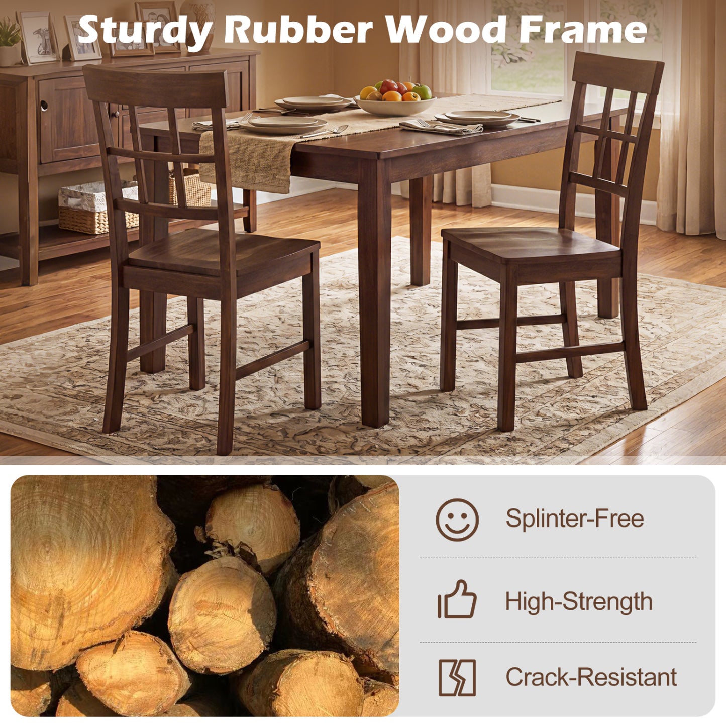 Rubber Wood Dining Chairs Set of 2 with Lattice Backrest