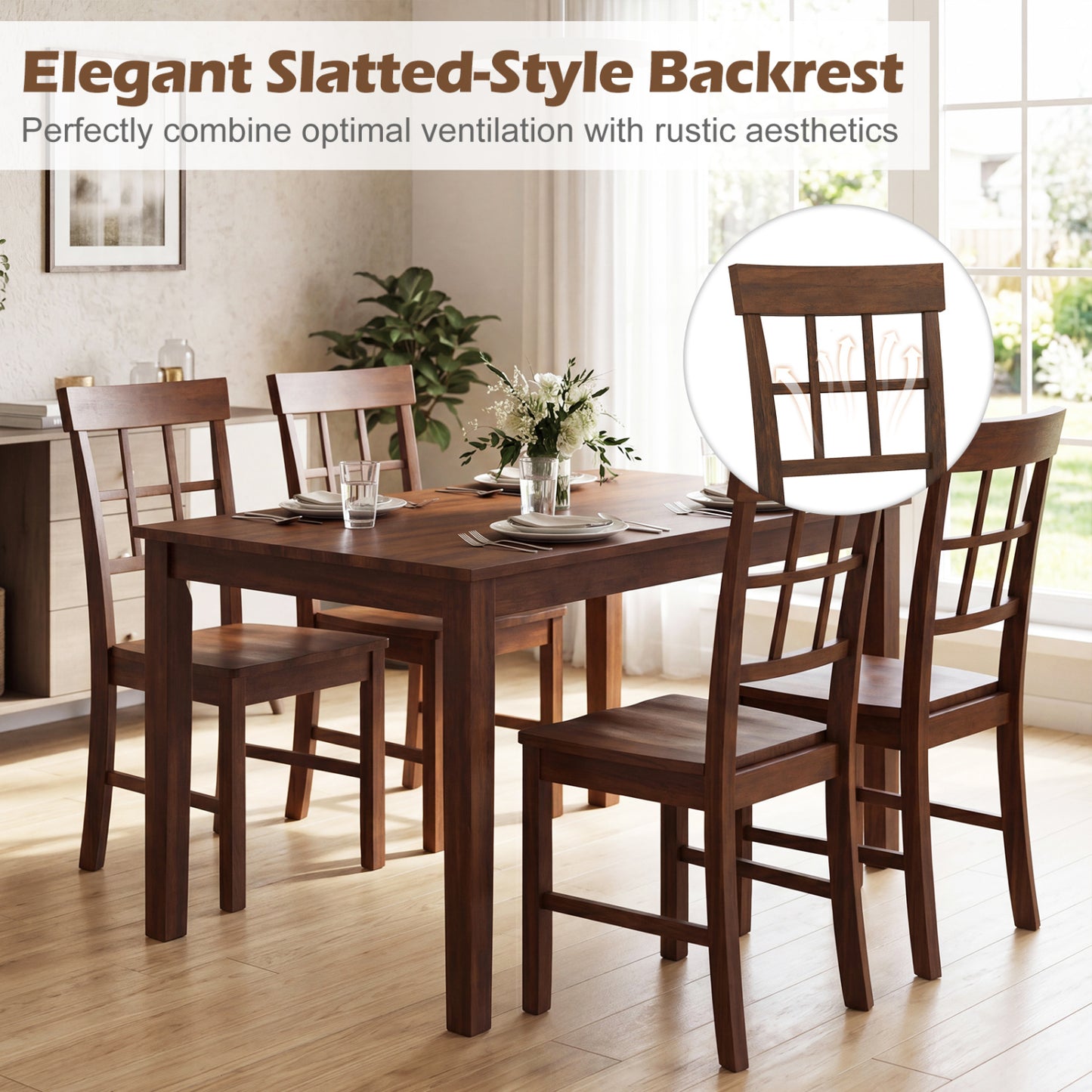 Rubber Wood Dining Chairs Set of 2 with Lattice Backrest