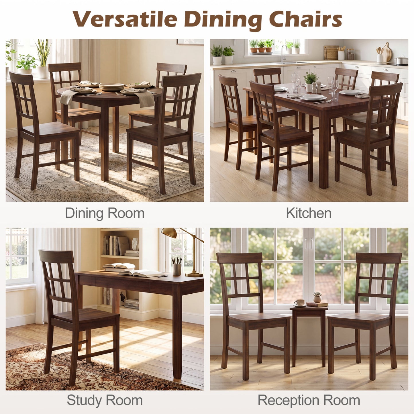 Rubber Wood Dining Chairs Set of 2 with Lattice Backrest