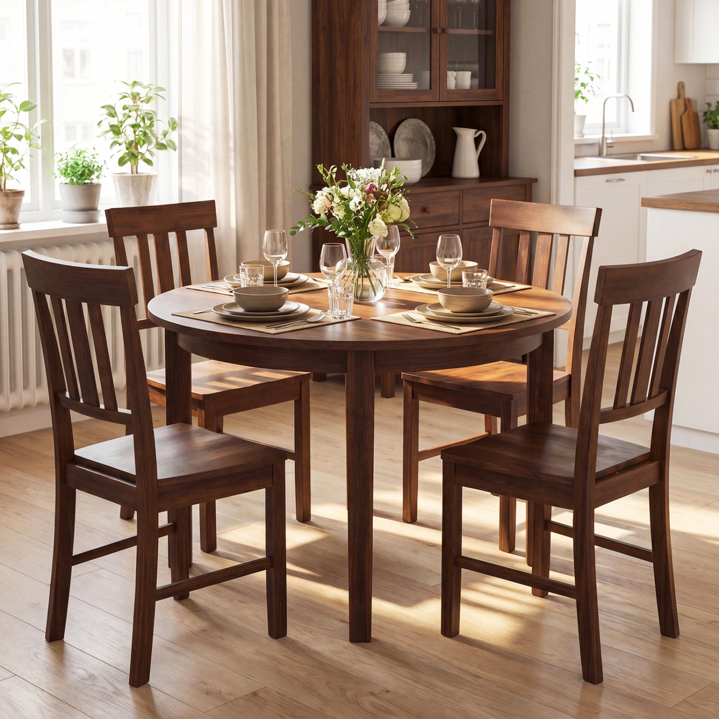 Rubber Wood Dining Chairs Set of 2 with High Slat Backrests