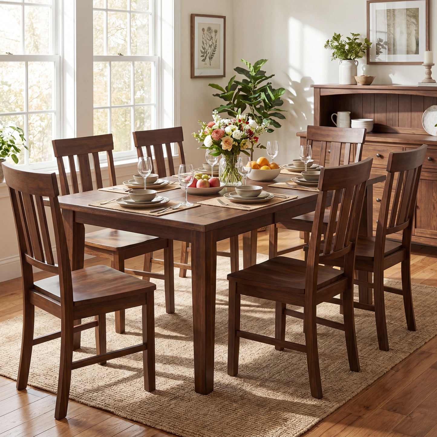 Rubber Wood Dining Chairs Set of 2 with High Slat Backrests