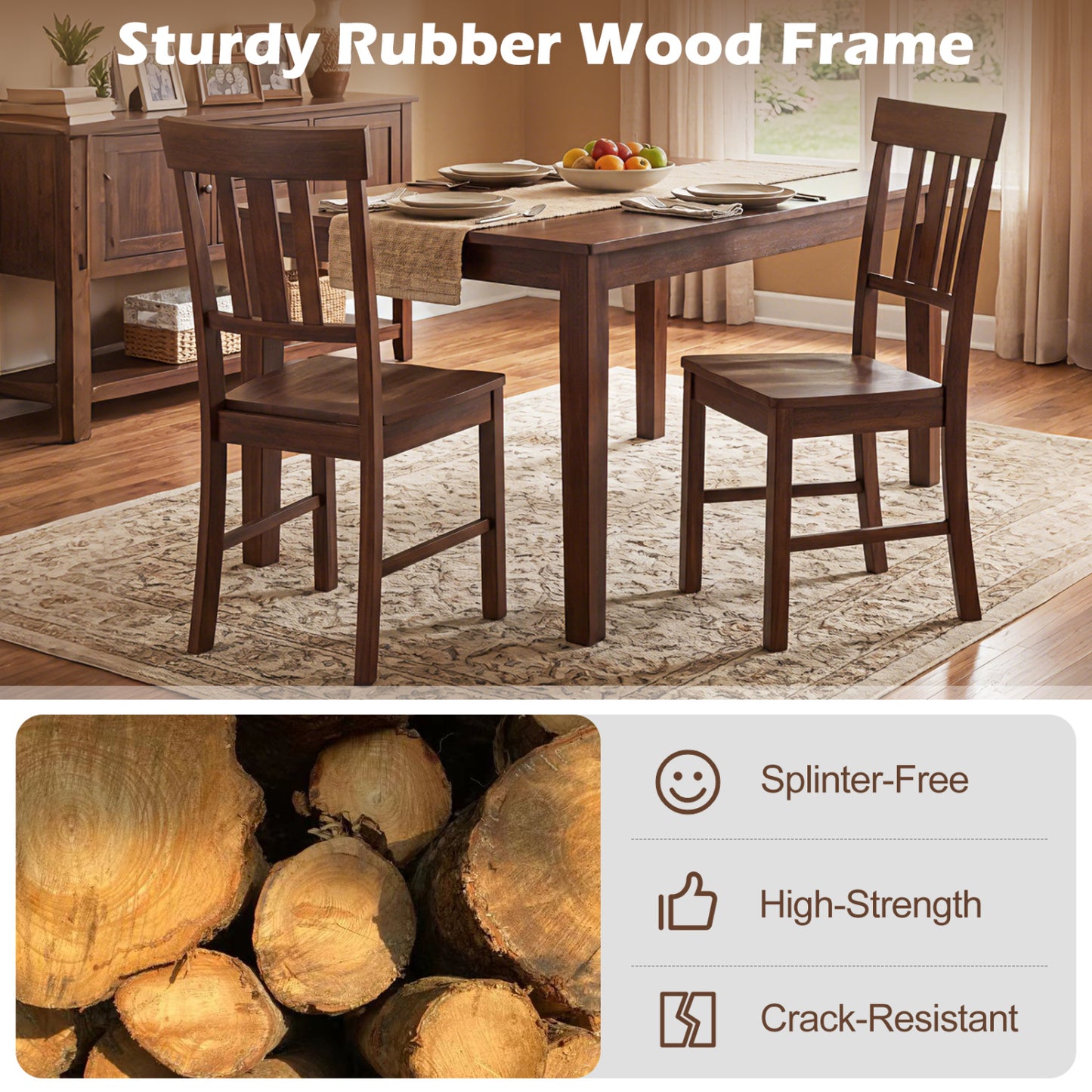 Rubber Wood Dining Chairs Set of 2 with High Slat Backrests