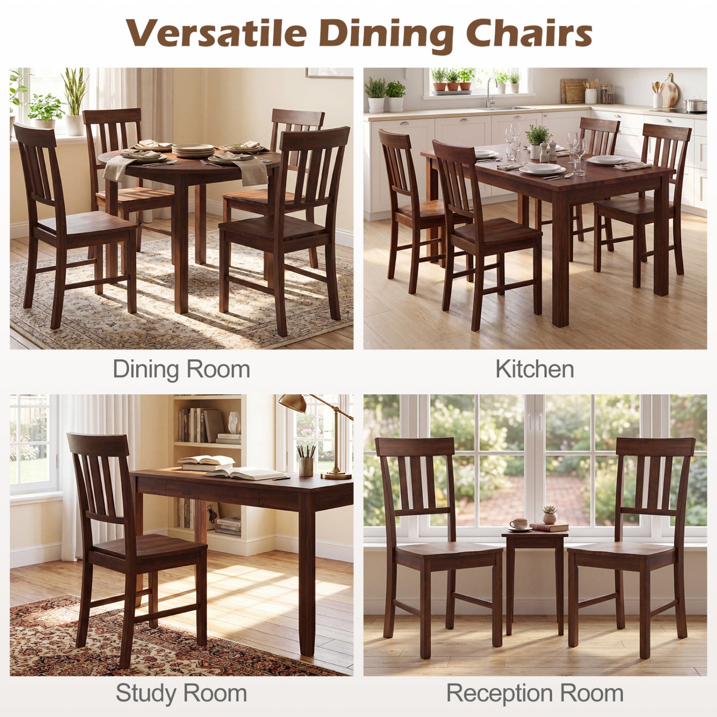 Rubber Wood Dining Chairs Set of 2 with High Slat Backrests