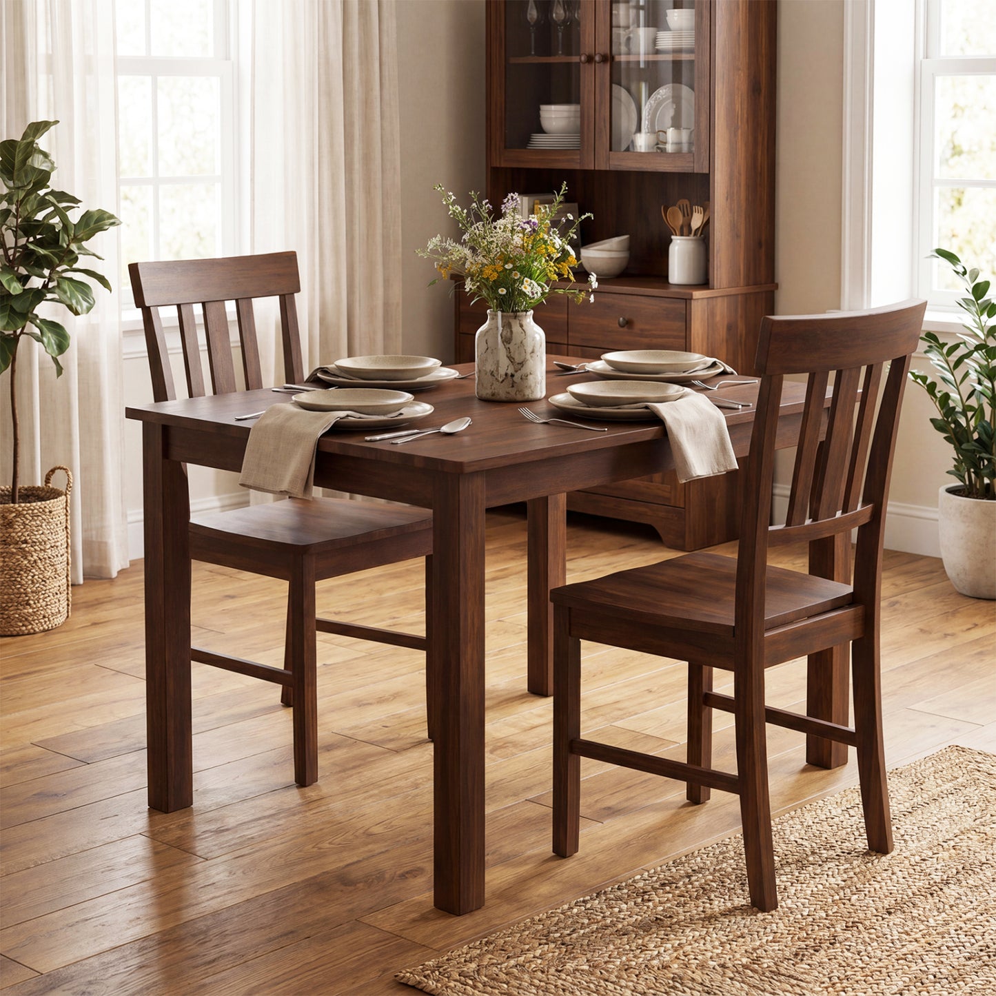 Rubber Wood Dining Chairs Set of 4 with High Slat Backrests