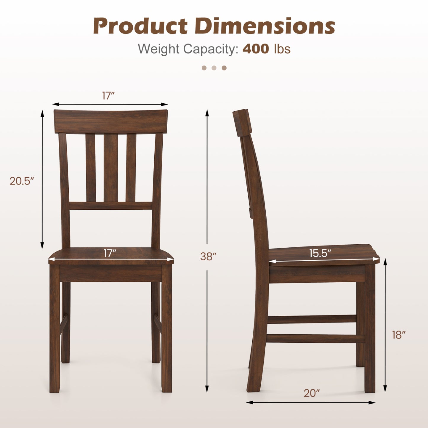 Rubber Wood Dining Chairs Set of 2 with High Slat Backrests