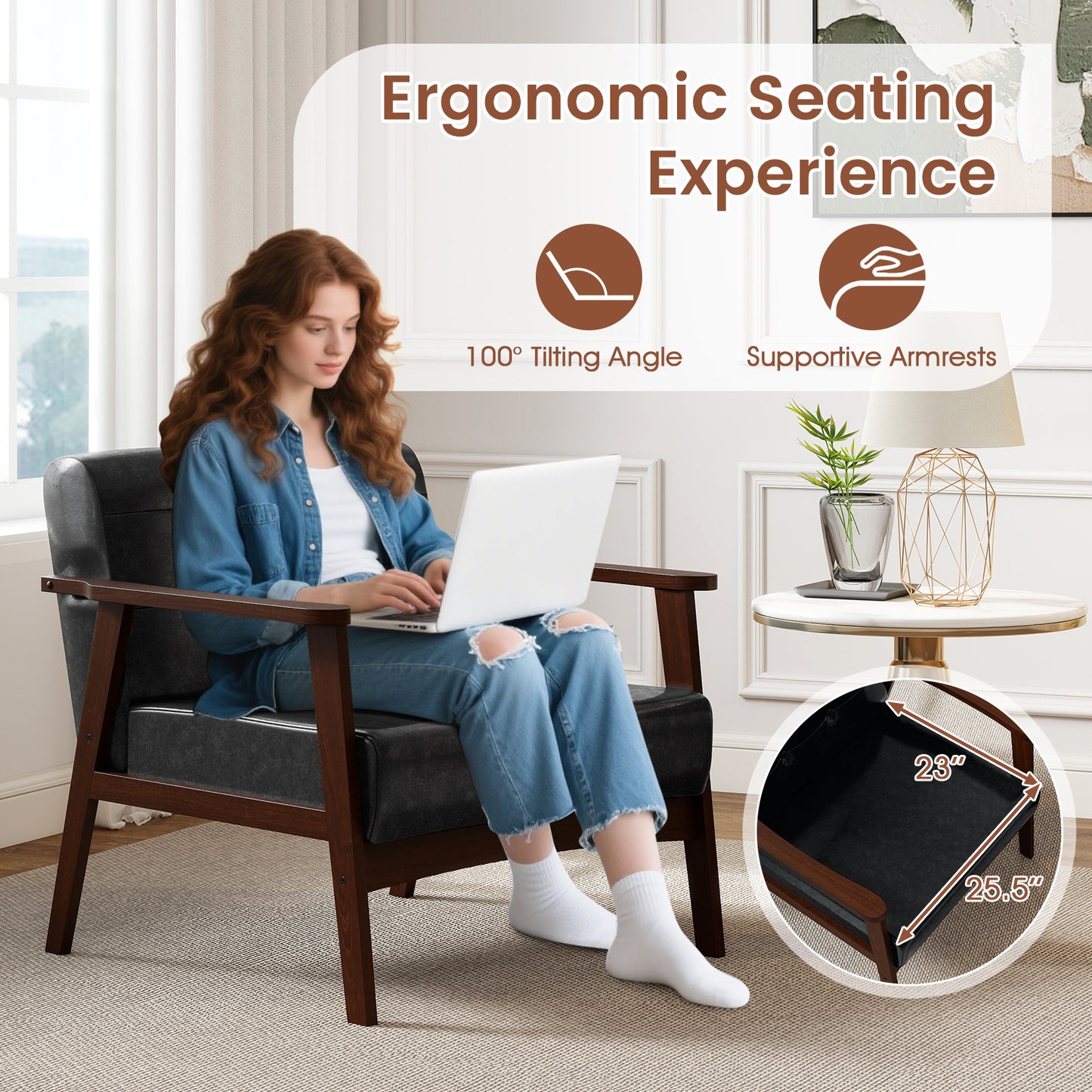 Rubber Wood Accent Chair with Armrests - Mid-Century Design