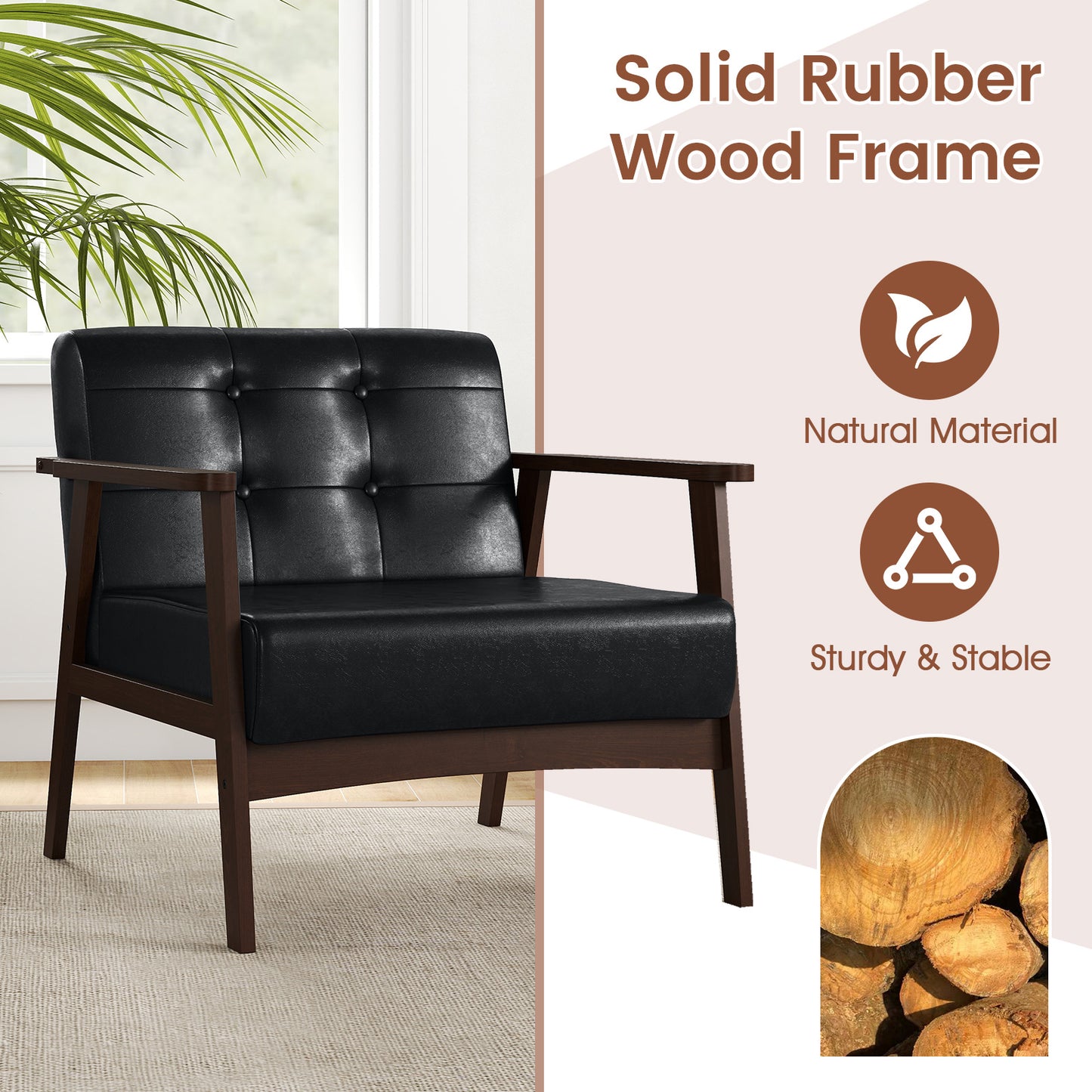 Rubber Wood Accent Chair with Armrests - Mid-Century Design