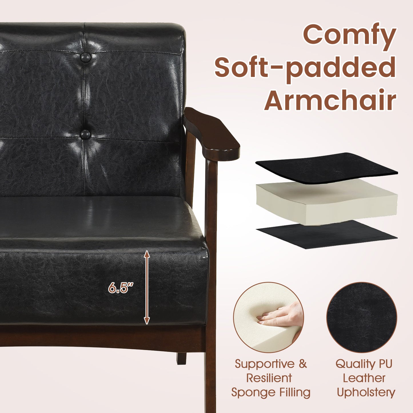 Rubber Wood Accent Chair with Armrests - Mid-Century Design