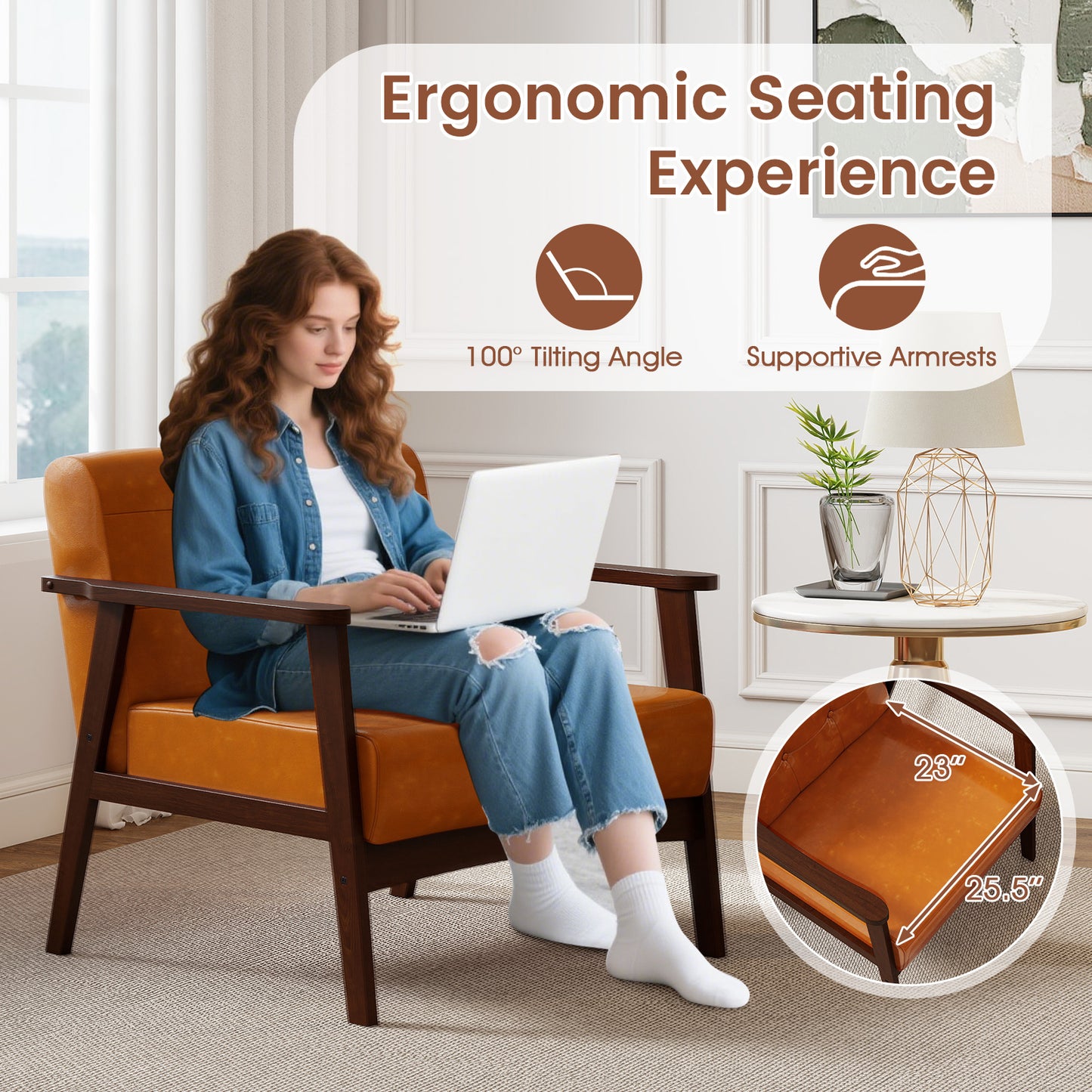 Rubber Wood Accent Chair with Armrests - Mid-Century Design