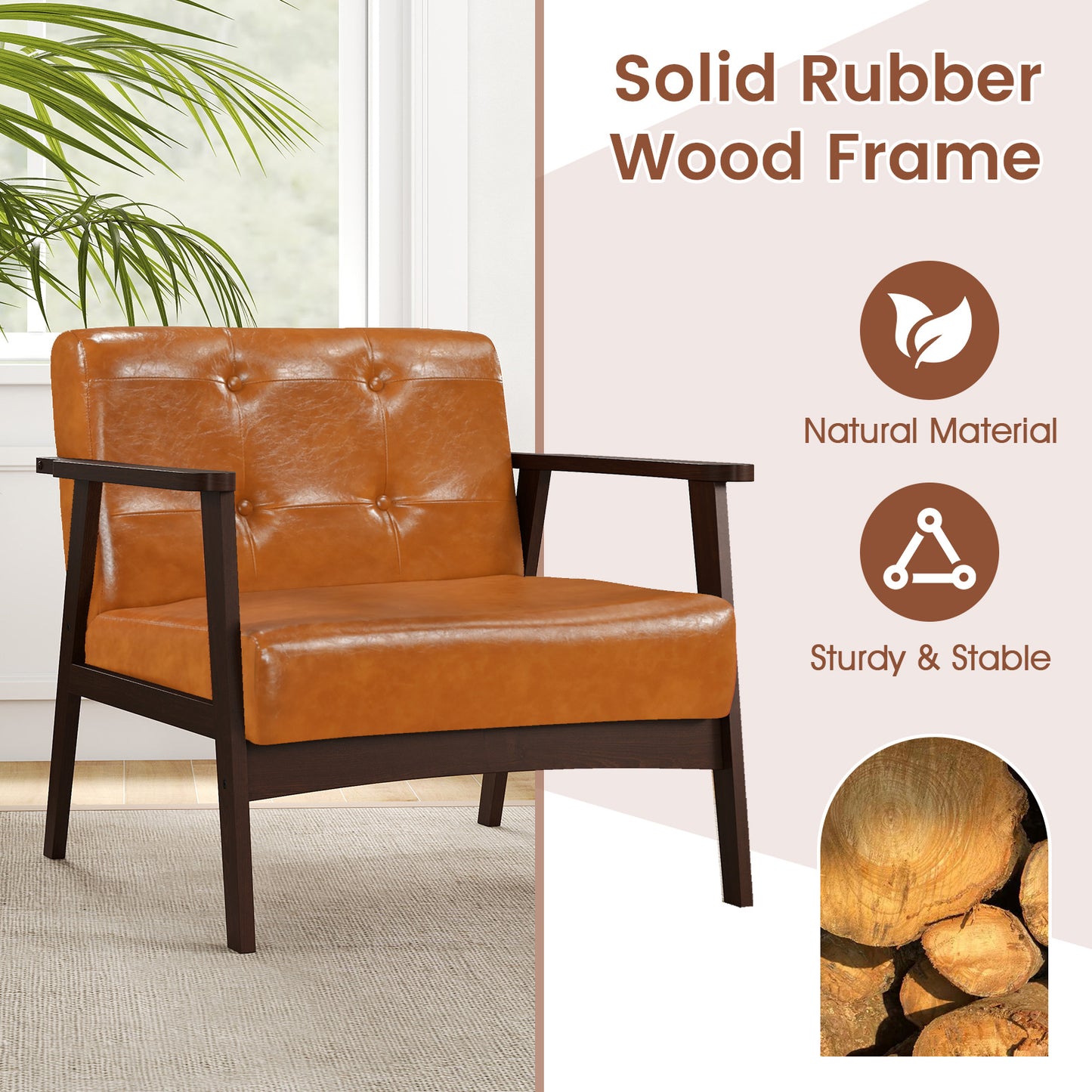 Rubber Wood Accent Chair with Armrests - Mid-Century Design