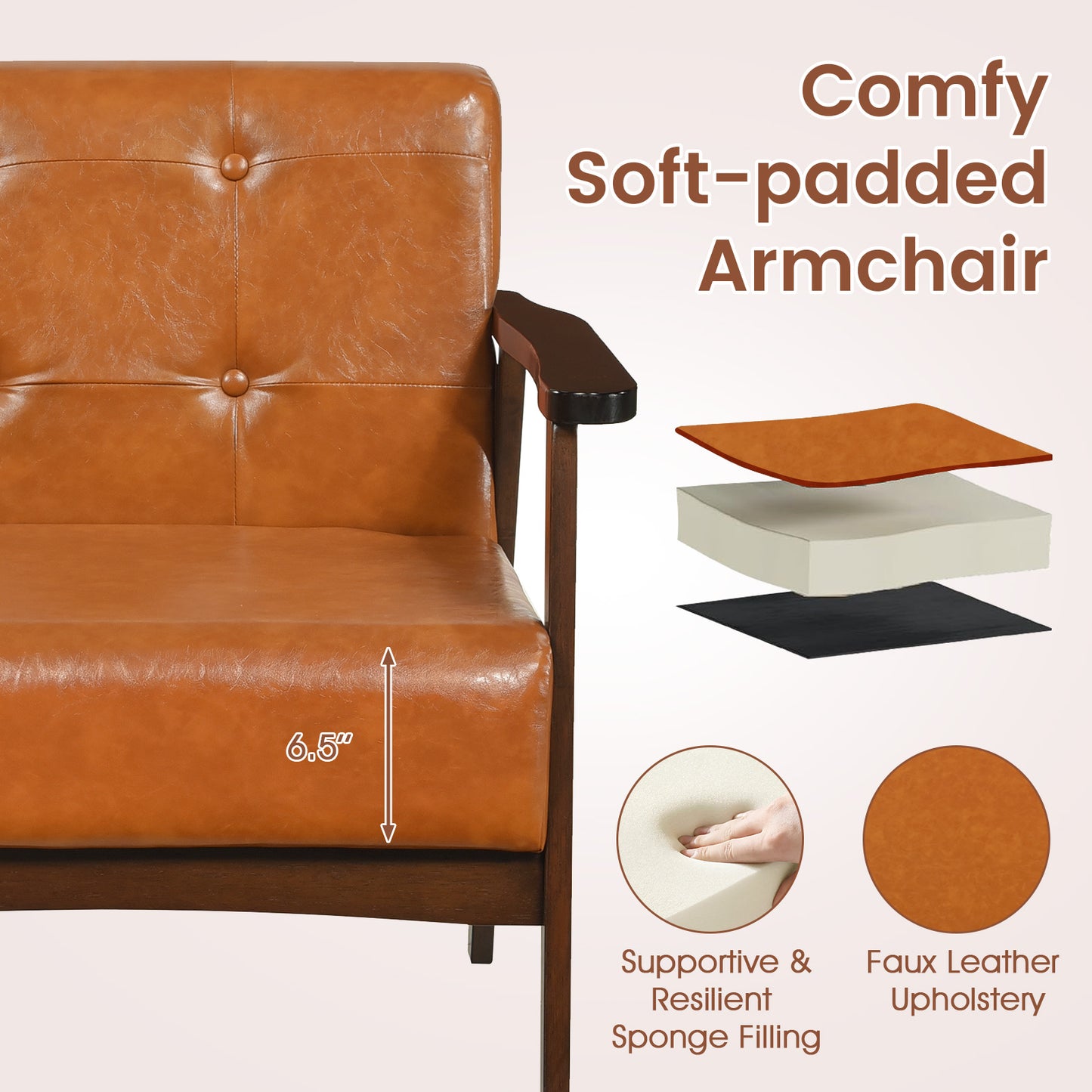 Rubber Wood Accent Chair with Armrests - Mid-Century Design