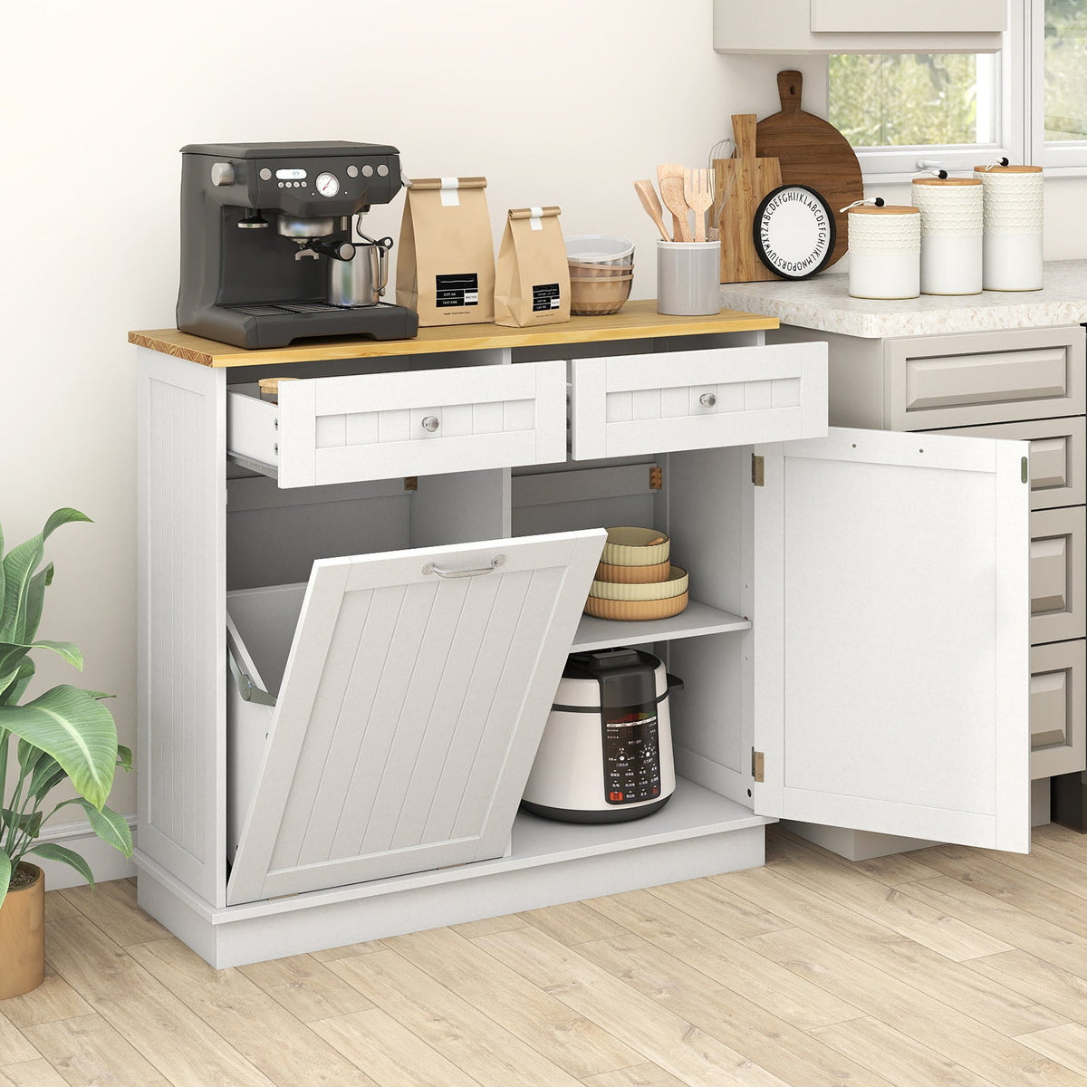 Kitchen Tilt Out Trash Cabinet with 2 Drawers and Adjustable Shelf