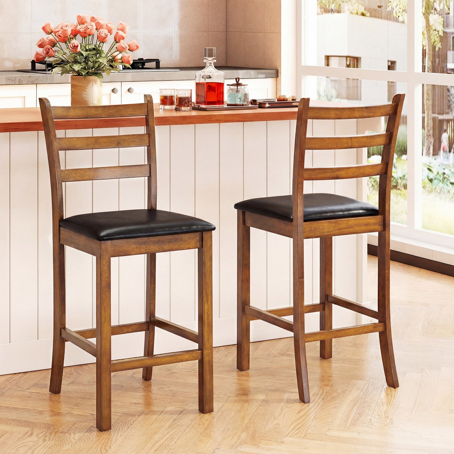 24-Inch Ladder Back Bar Stools Set of 2 - Walnut