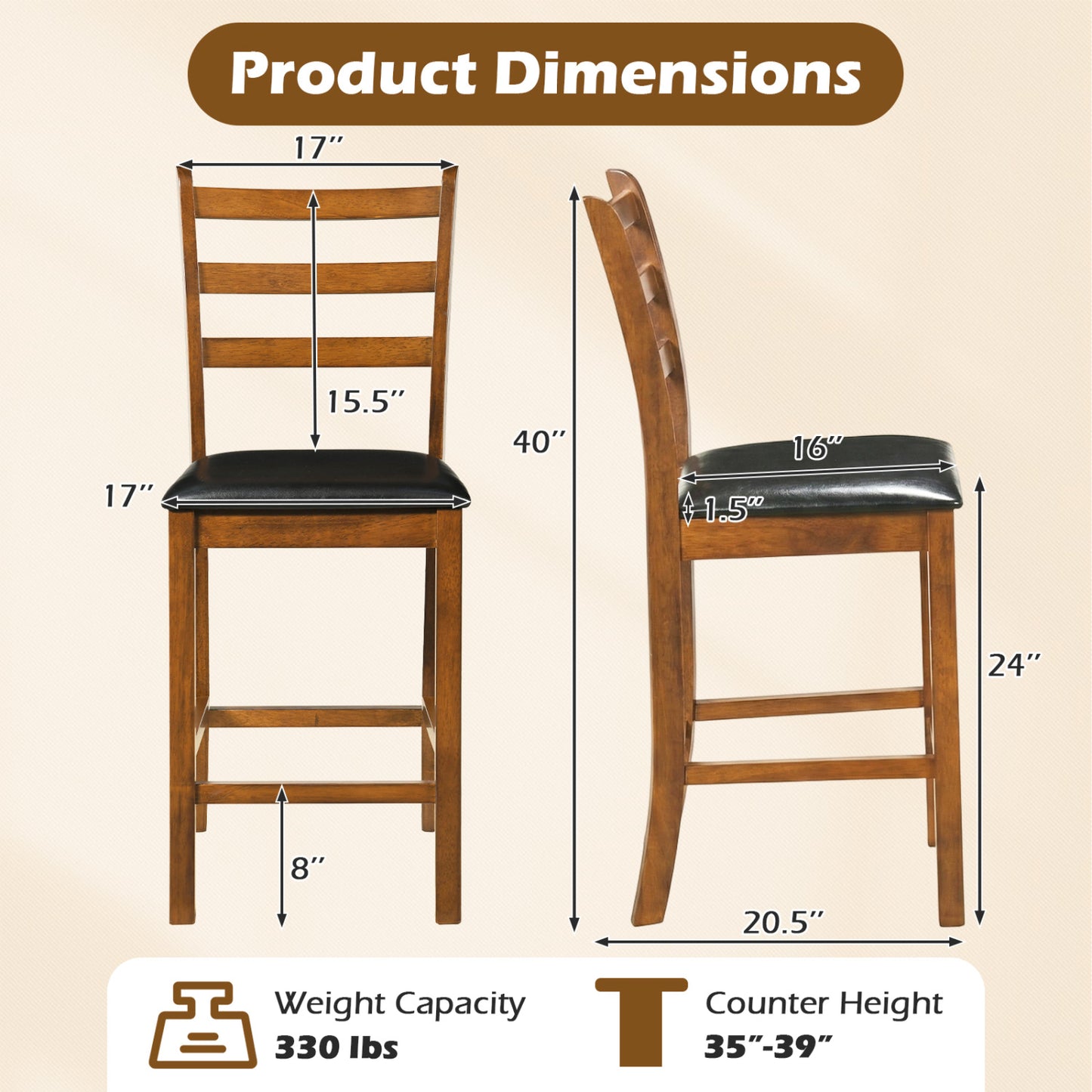 24-Inch Ladder Back Bar Stools Set of 2 - Walnut