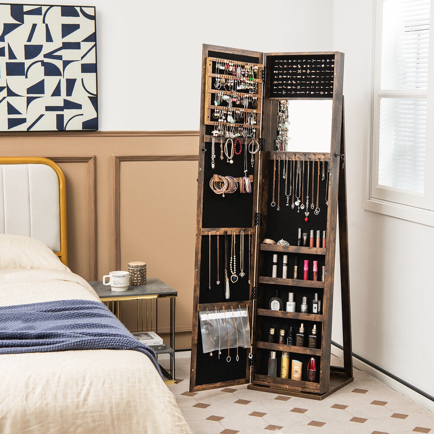 Jewelry Armoire with Full-Length Mirror and Lock