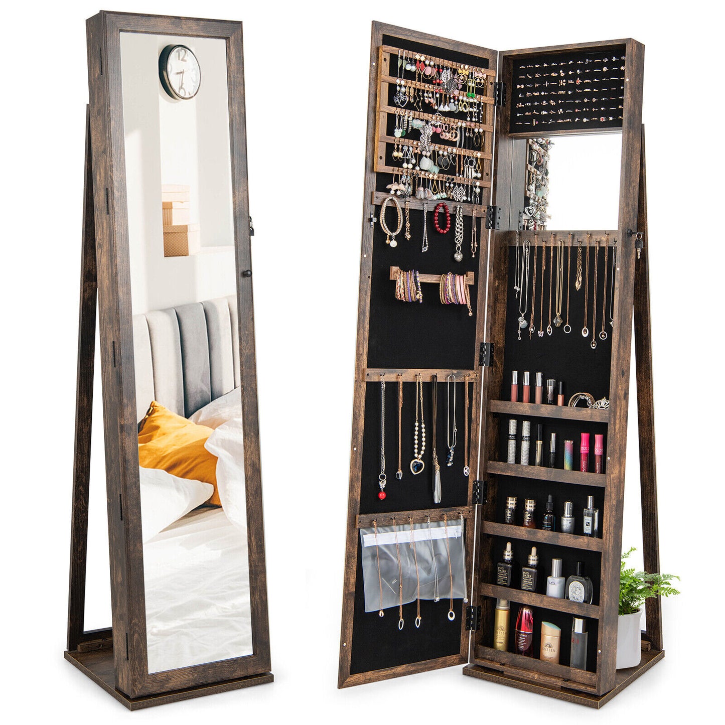 Jewelry Armoire with Full-Length Mirror and Lock