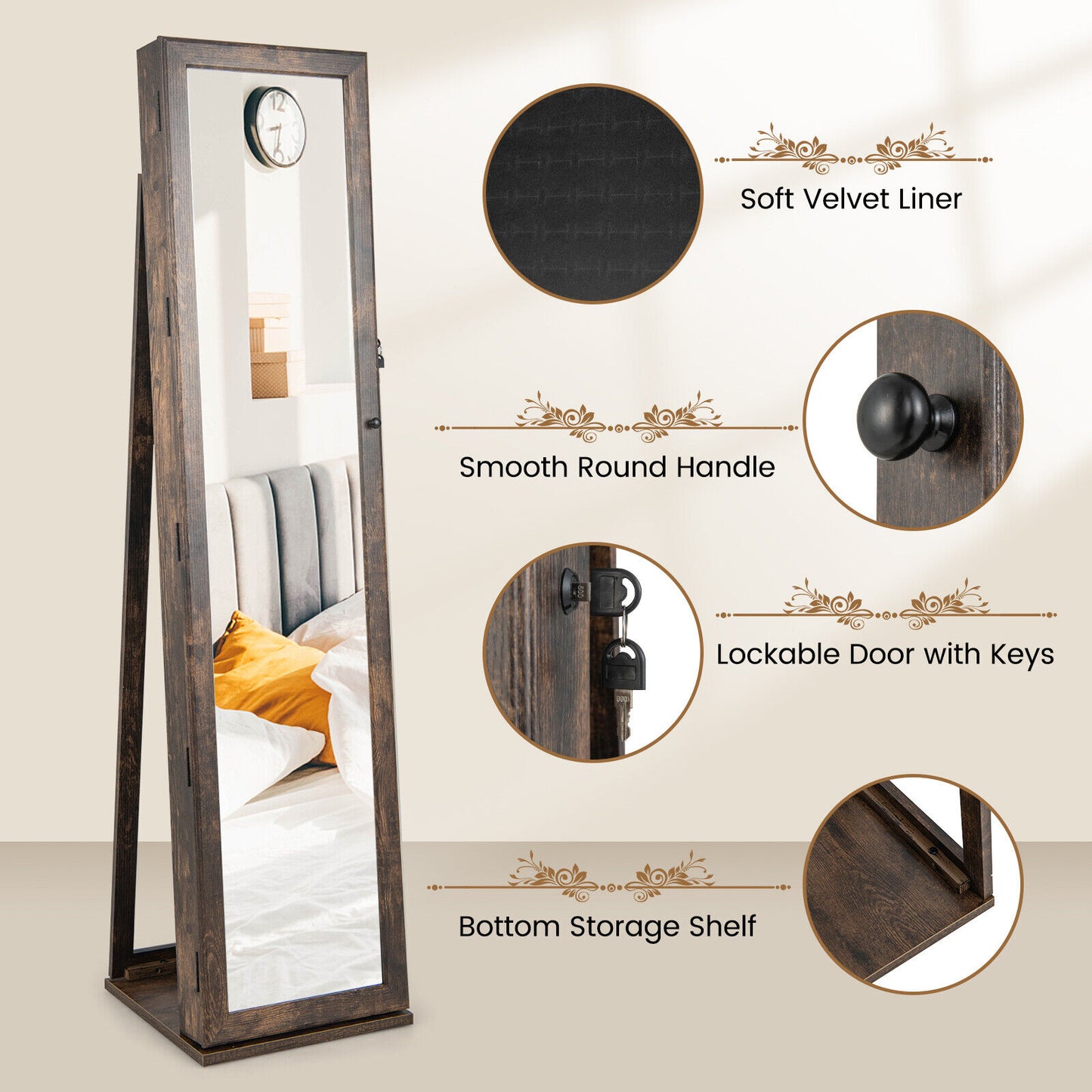 Jewelry Armoire with Full-Length Mirror and Lock