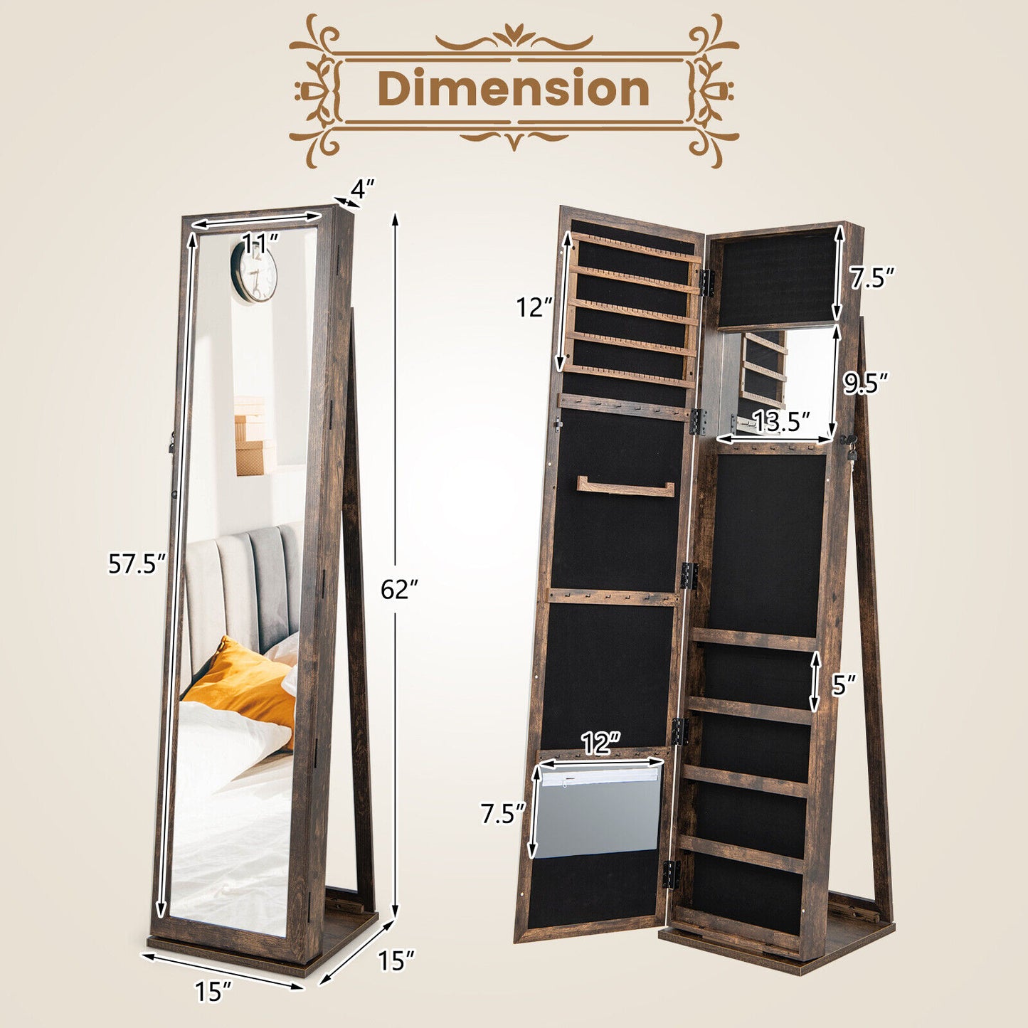 Jewelry Armoire with Full-Length Mirror and Lock