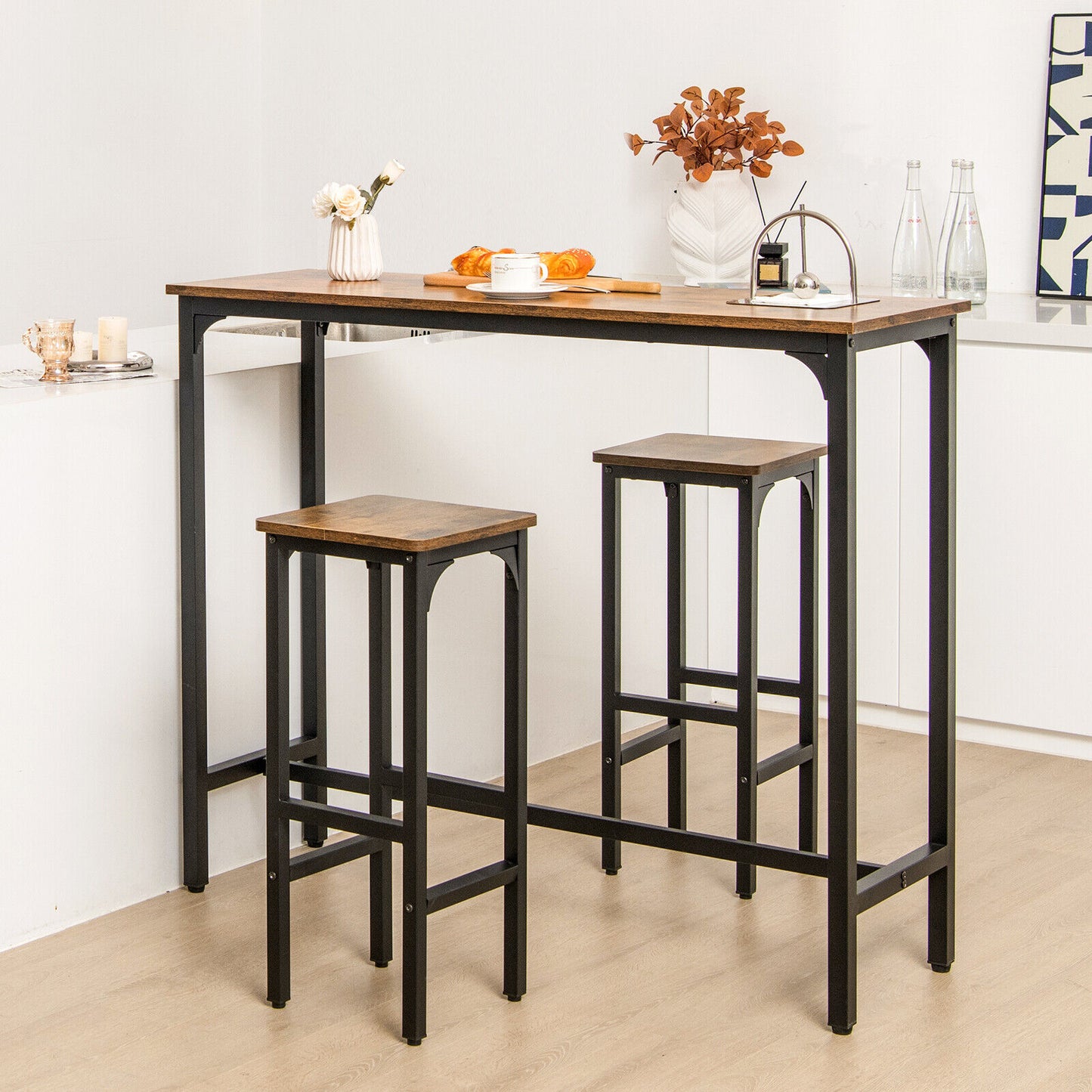 Industrial Bar Table and Chairs Set - 3 Piece Metal Frame