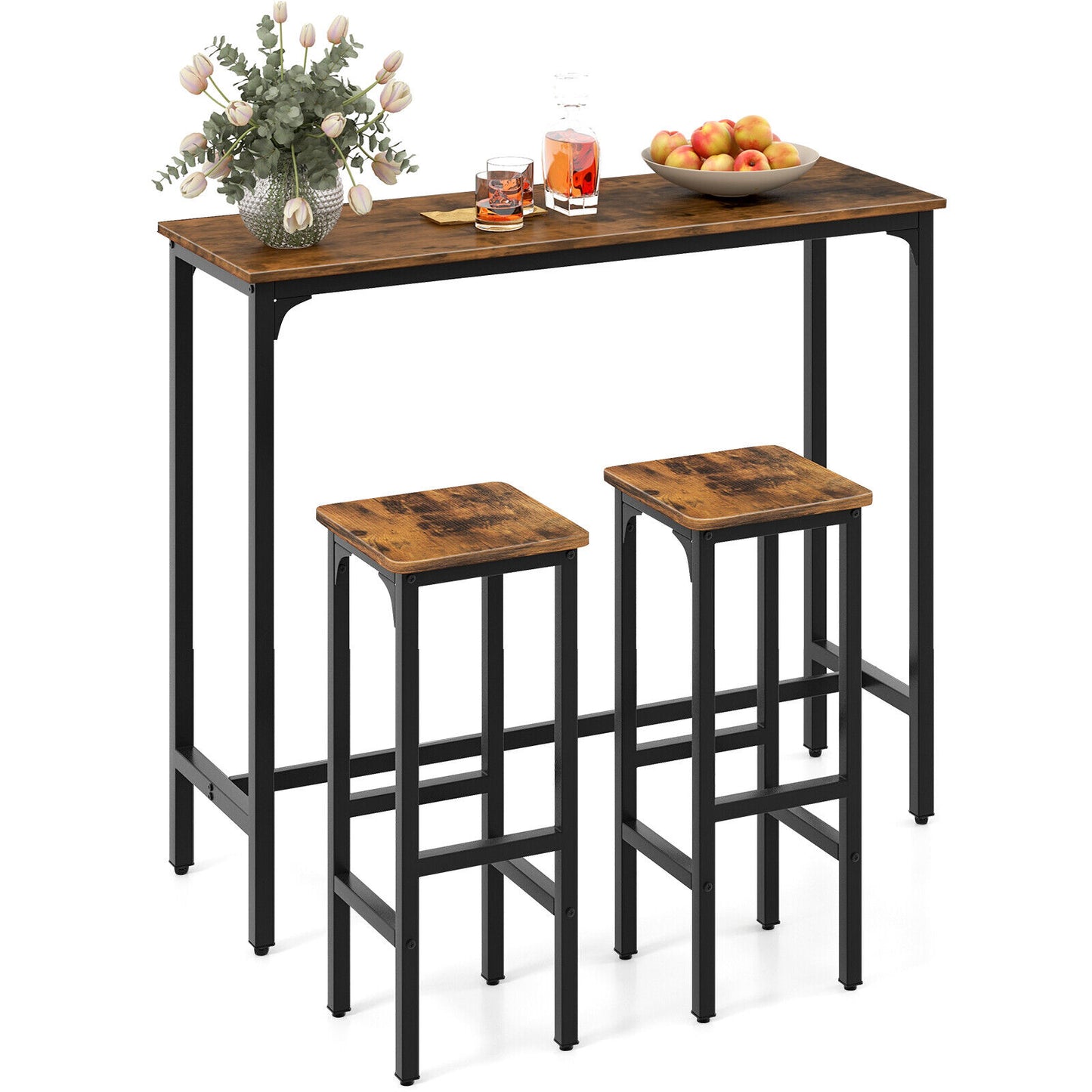 Industrial Bar Table and Chairs Set - 3 Piece Metal Frame