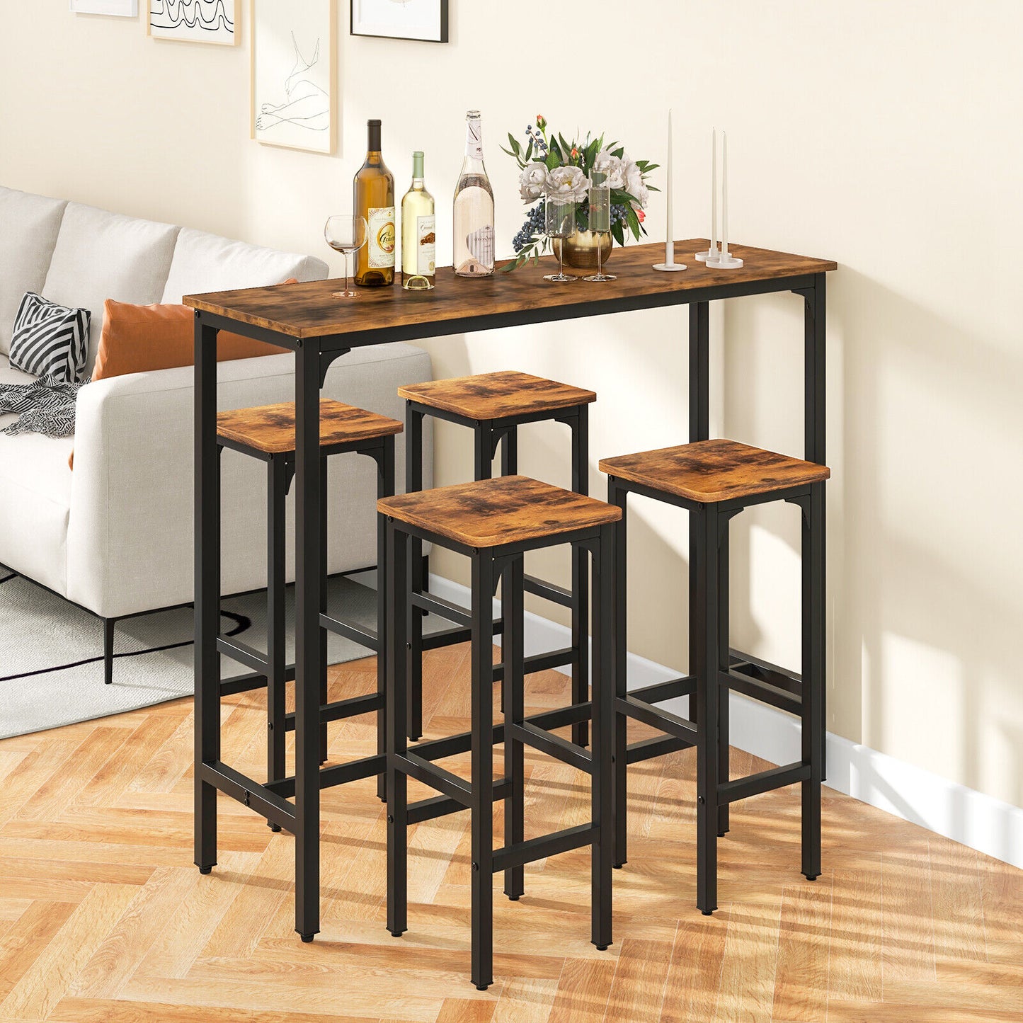 Industrial Bar Table and Chairs Set - 3 Piece Metal Frame