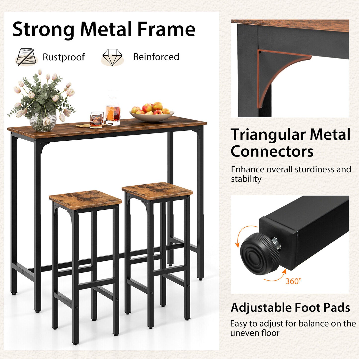 Industrial Bar Table and Chairs Set - 3 Piece Metal Frame