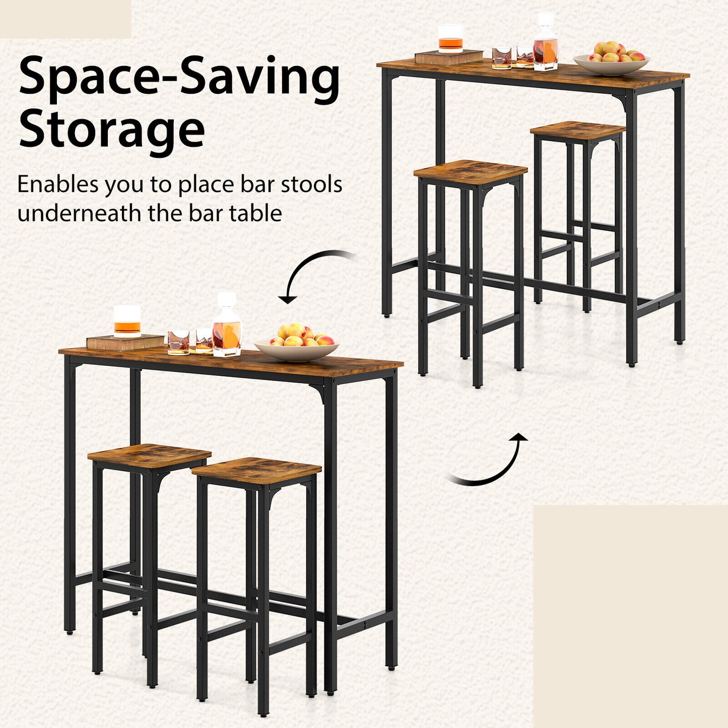 Industrial Bar Table and Chairs Set - 3 Piece Metal Frame