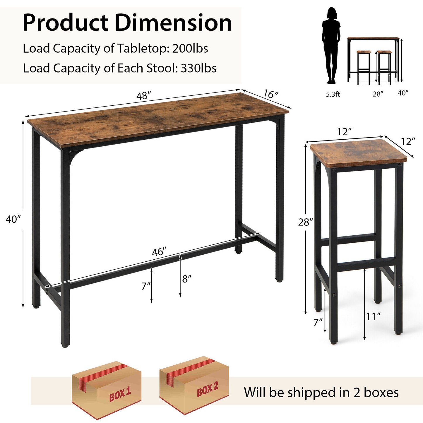 Industrial Bar Table and Chairs Set - 3 Piece Metal Frame