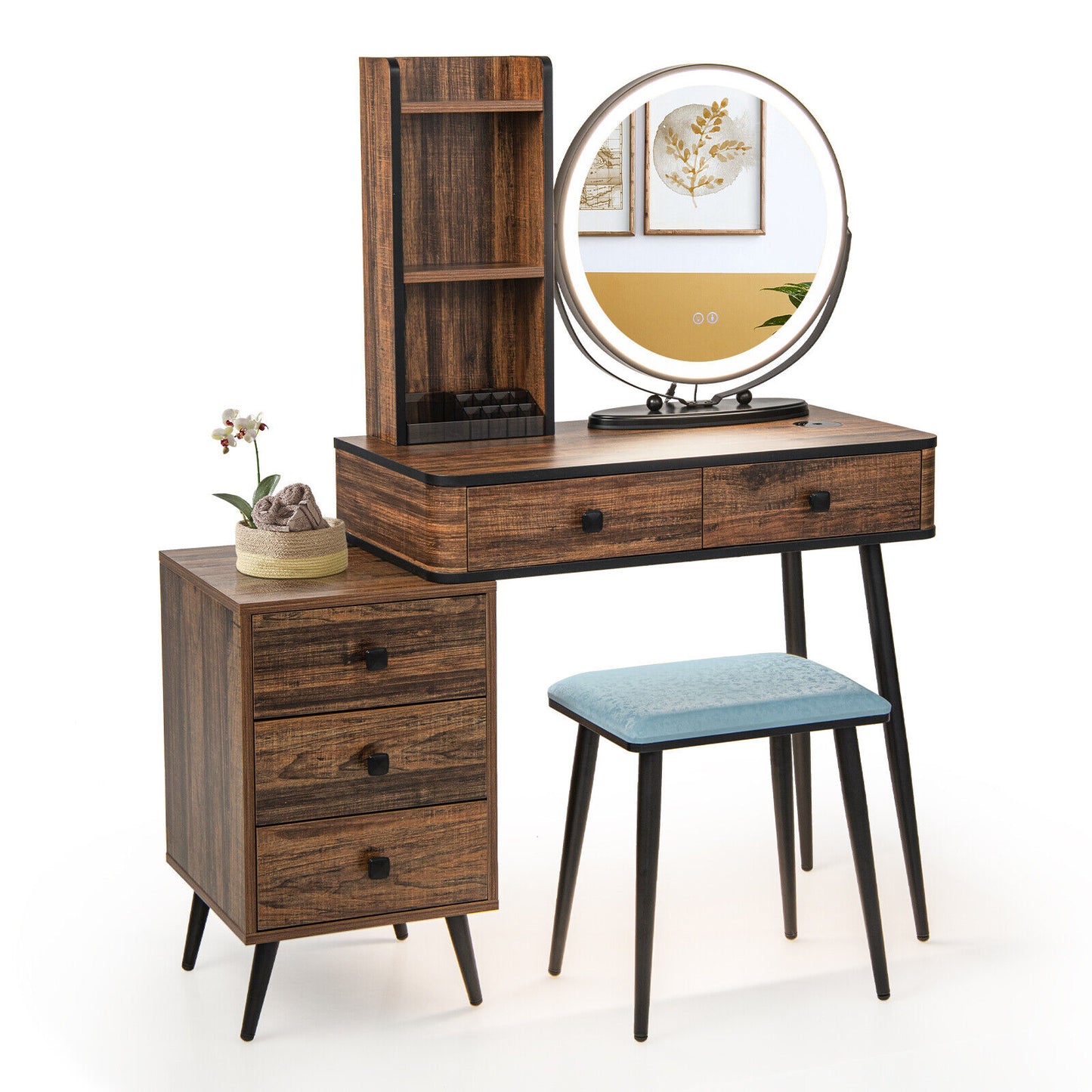 Vanity Table Set with 3-Color Lighted Mirror and Stool