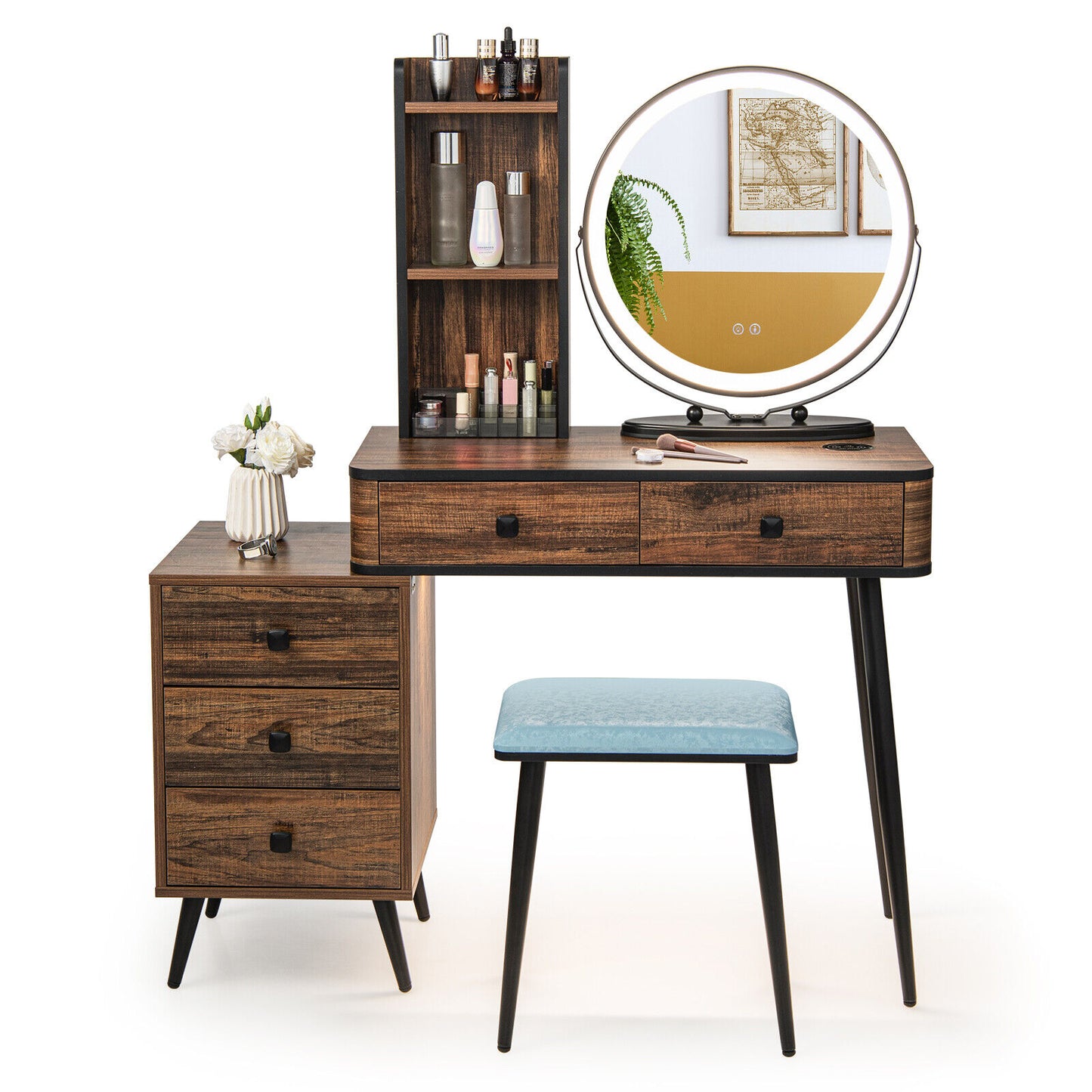 Vanity Table Set with 3-Color Lighted Mirror and Stool