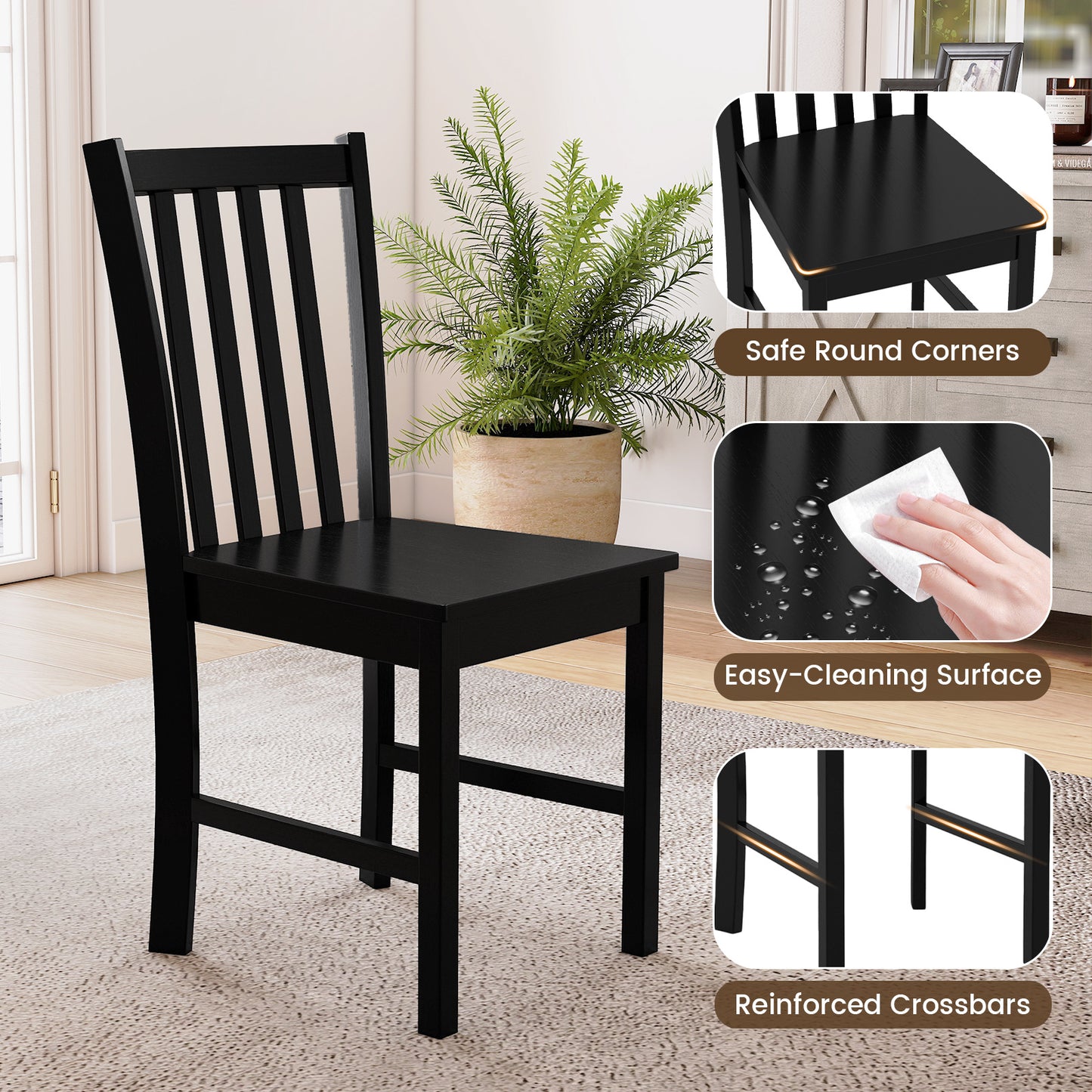 Wooden Dining Chairs Set of 2 with Slat Tilt Backrest